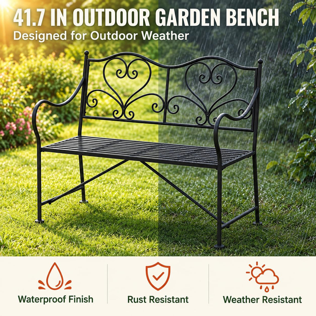 XYCCRX Metal Outdoor Garden Bench with Scrollwork Backrest, 41.7-Inch