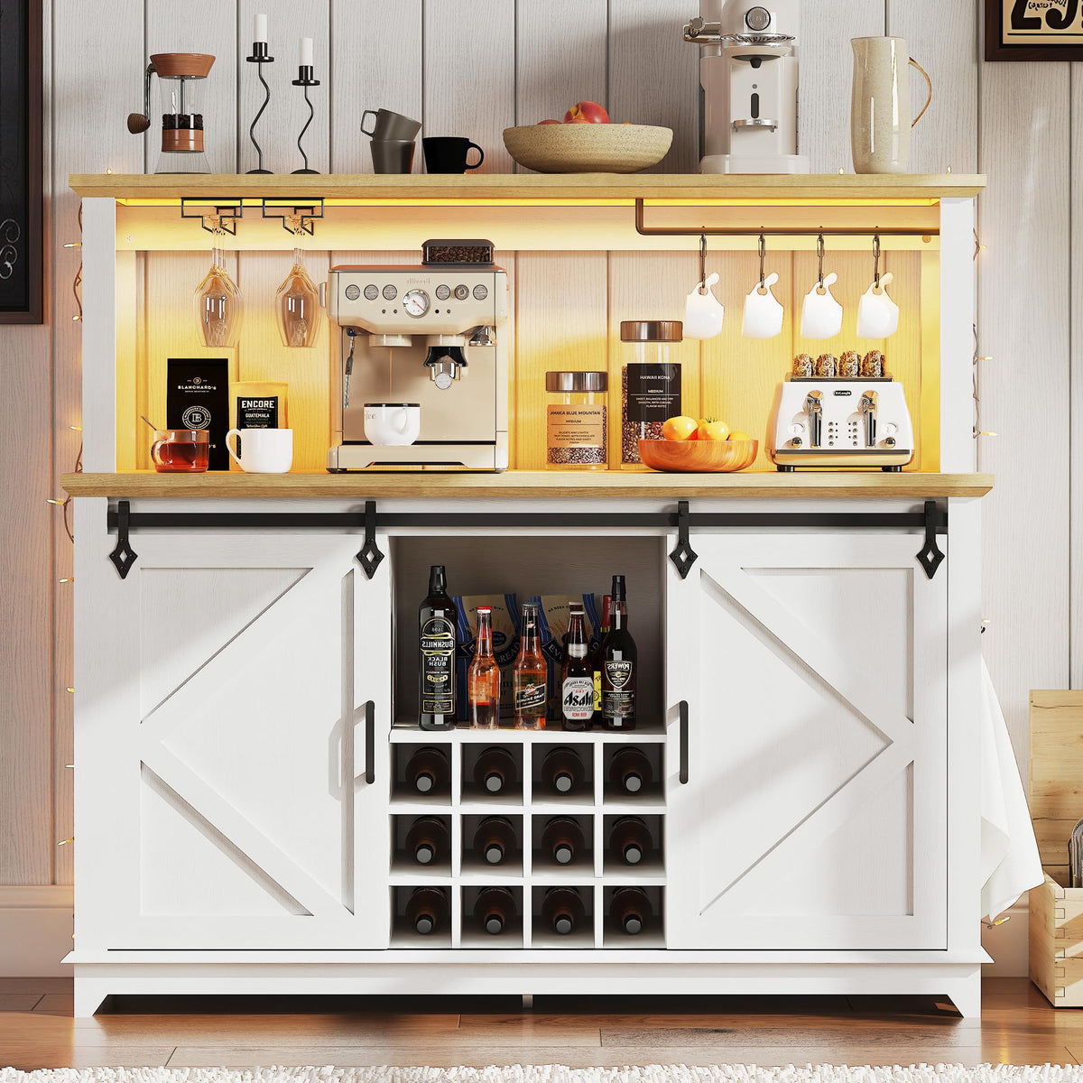 Garvee 55 in Coffee Bar Cabinet with Power Outlet & LED Light, Farmhouse Large Kitchen Hutch with Sliding Barn Door, Tall Bar Cabinets with Storage Drawers & Wine Glass Rack, Buffet Cabinet for Home