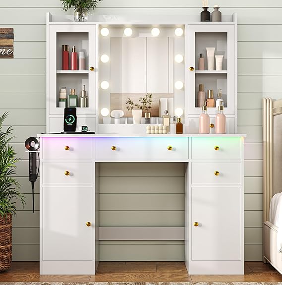 Vanity Desk with Mirror, Lights & Power Outlet – 7 Drawers, 2 Cabinets