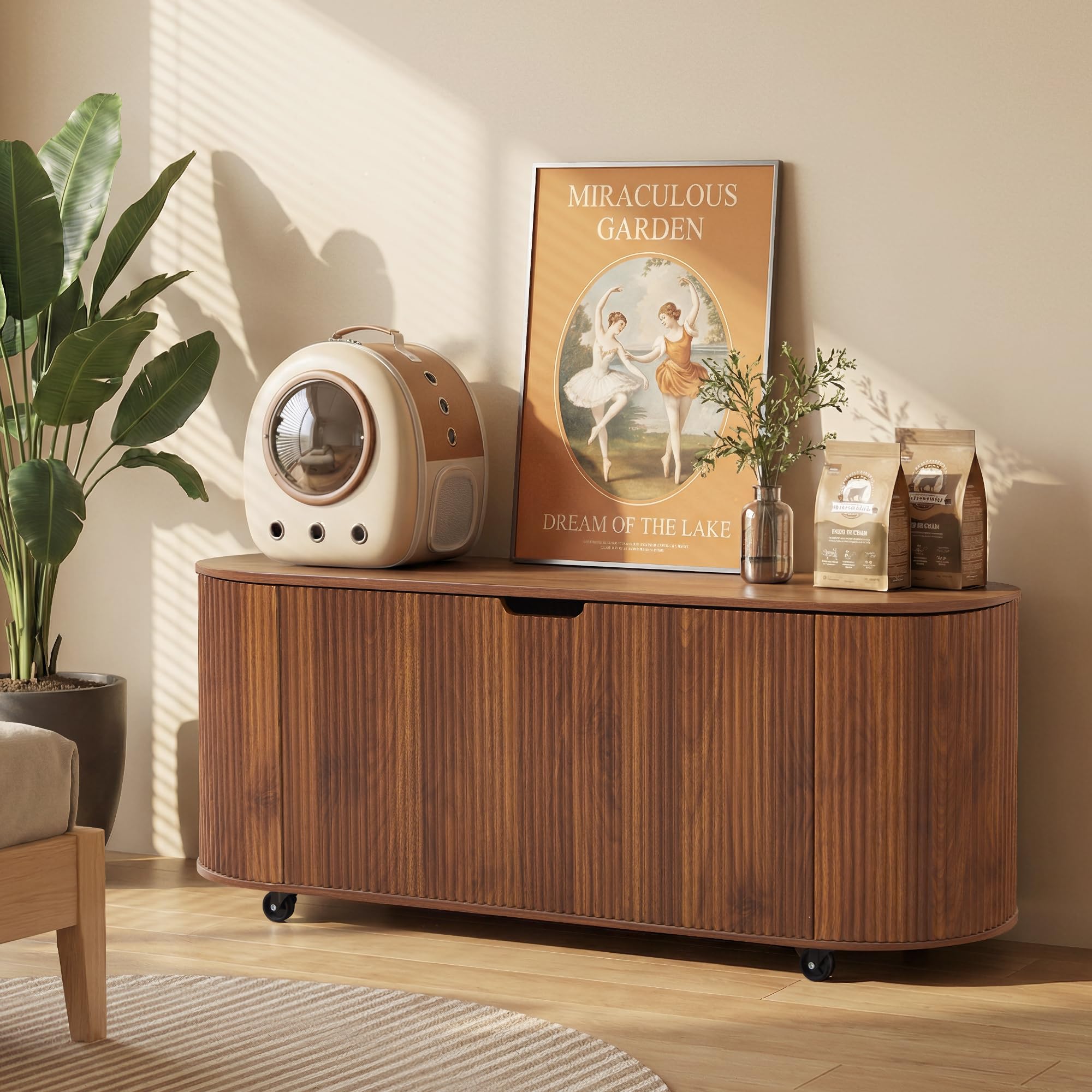 43.3” Storage Bench with 4 Wheels, Fluted Oval Storage Chest with Safety Hinges, Modern Wooden End of Bed Bench, Large Storage Trunk Toy Chest with Lift Top for Entryway Bedroom Living Room, Walnut