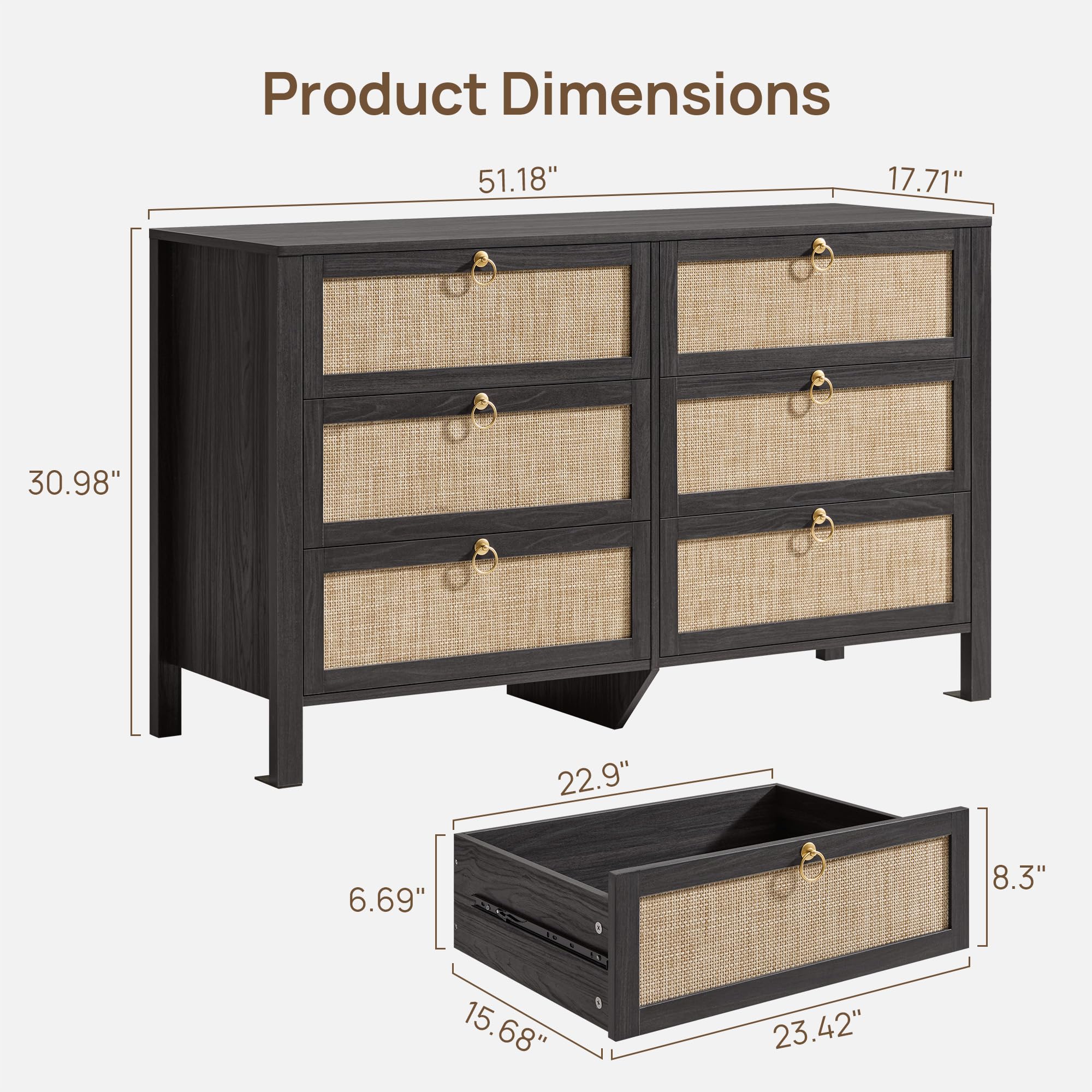 SICOTAS 6 Drawer Dresser for Bedroom - 51" Wide Rattan Dressers Chest of Drawers for Closet, Larger Storage Cabinet Farmhouse Boho Dresser TV Stand for Living Dining Room, Hallway, Black
