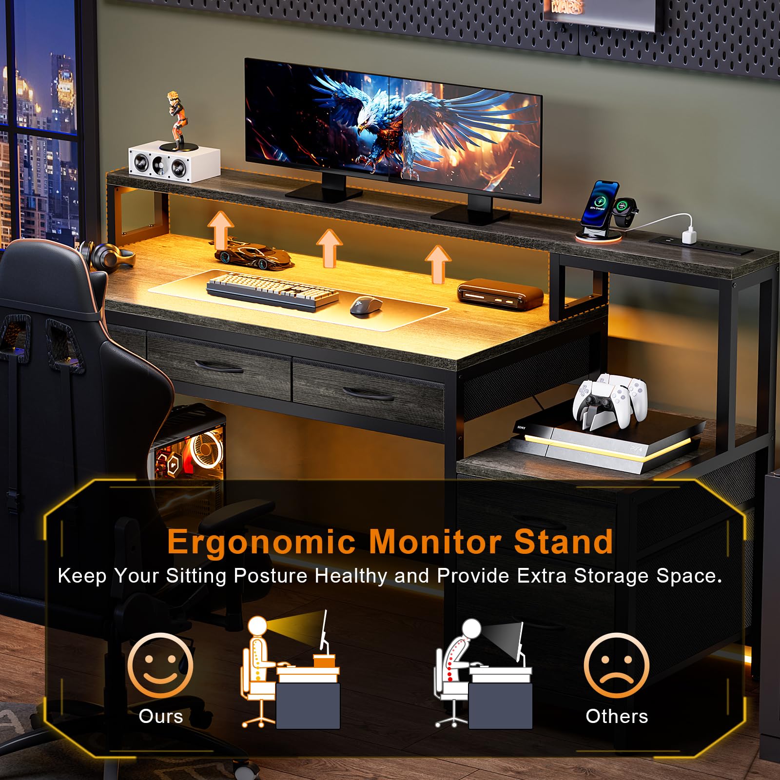 61-Inch Gaming & Computer Desk with Charging Station, LED Lights & Storage