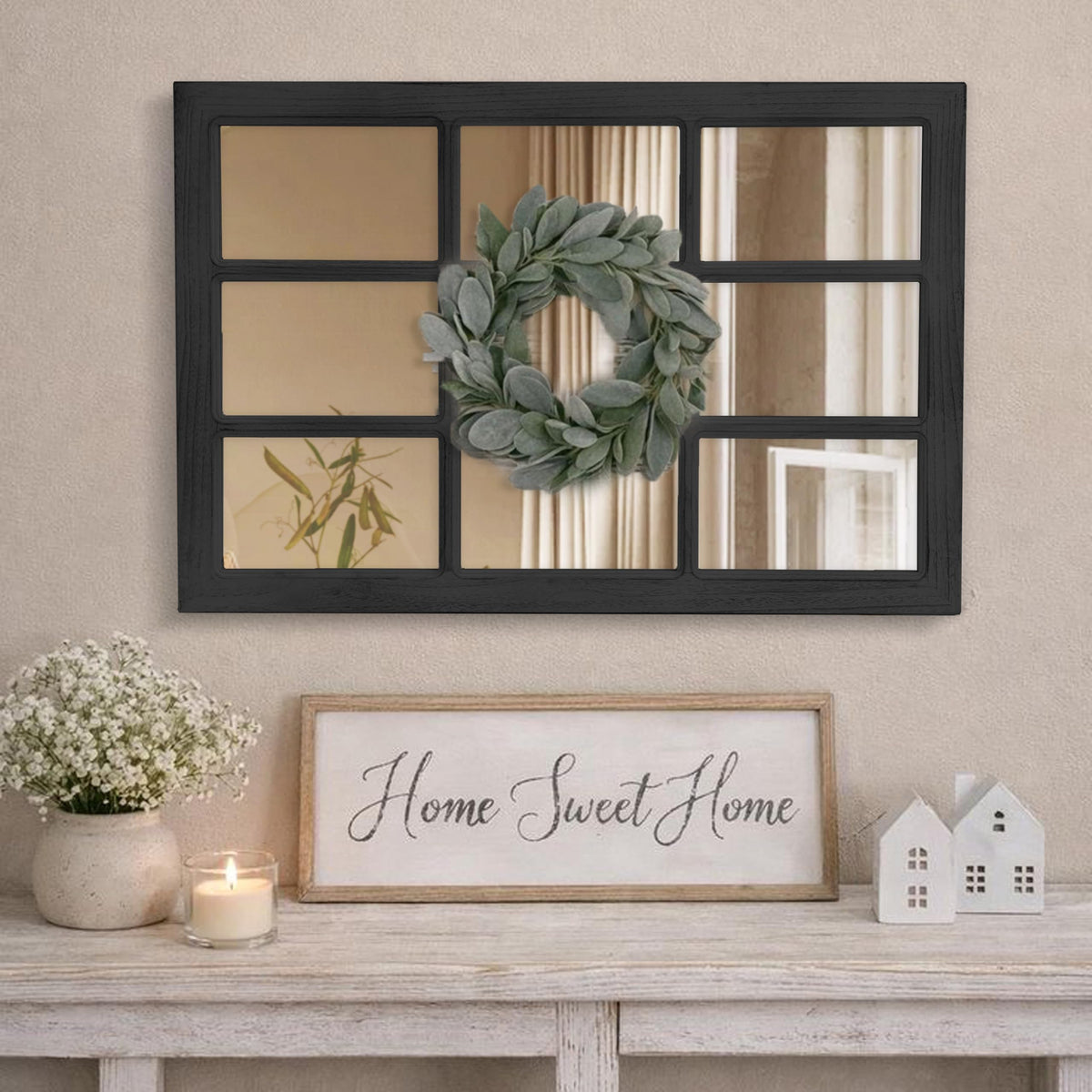 Black Wood Windowpane Wall Mirror