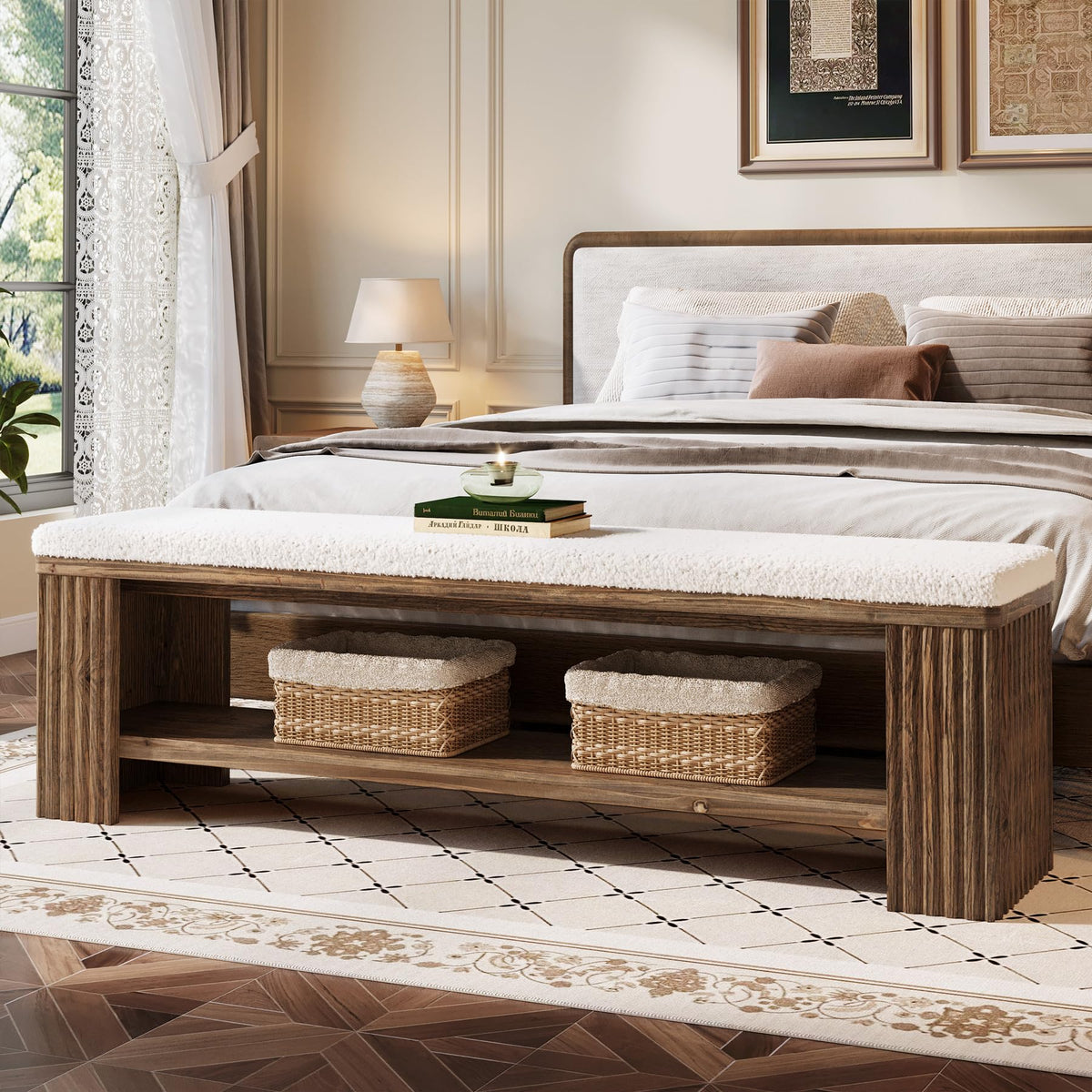 TRIBEWOOD 63" Solid Wood Entryway Bench, Farmhouse Upholstered End of Bed Bench with Removable Faux Lambswool Cushion and Fluted Legs, Indoor Long Ottoman for Bedroom, Entryway, Dark Brown