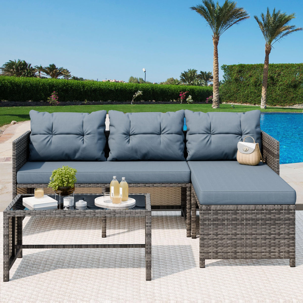 Vongrasig 3 Pieces Patio Furniture Sets, All-Weather Wicker Outdoor Sofa Couch Sectional Set, Small Conversation Set for Patio, Garden w/Cushion, Glass Table, Blue