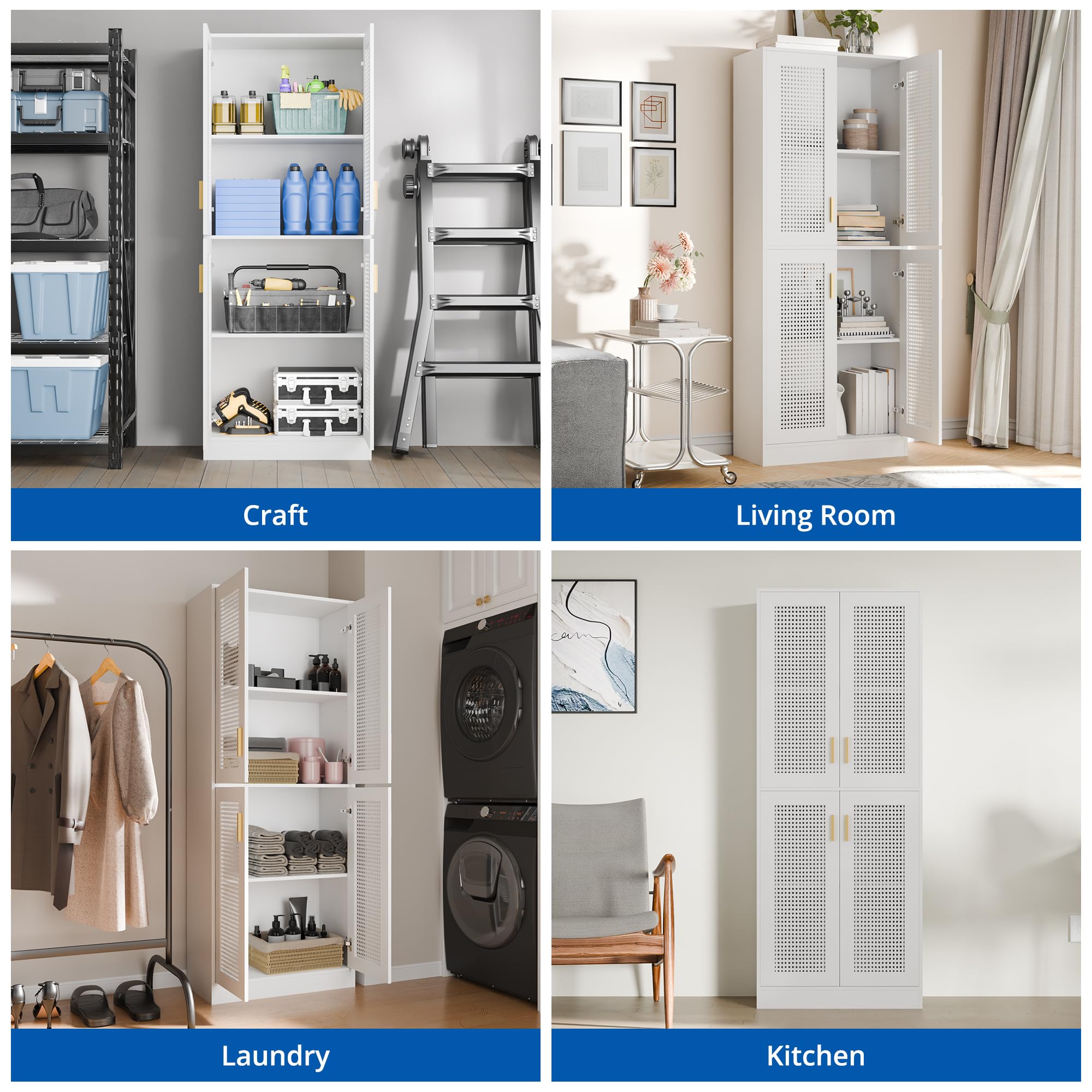 Cozy Castle Kitchen Pantry Cabinet, 71" Tall Rattan Doors Storage Cabinet and Adjustable Shelves, Modern Farmhouse Wood Cupboard Utility Hutch for Kitchen, Dining Room, Living Room (White)