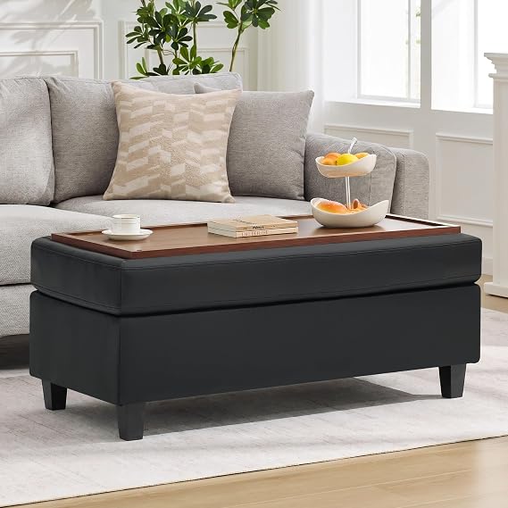 Large Storage Ottoman Bench with Flip-Top Wooden Tray