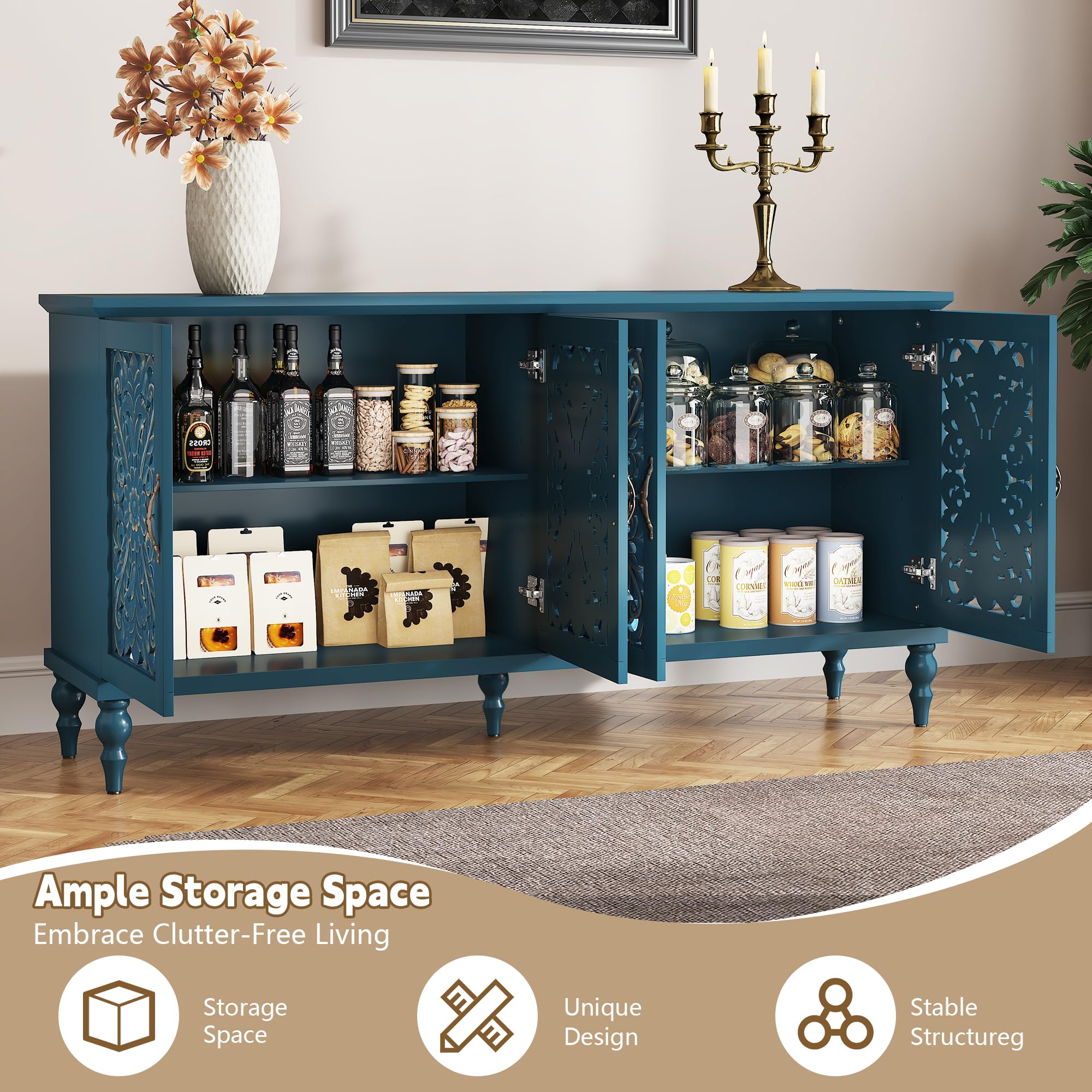 63" Hollow Carved Wood Accent Cabinet with 4 Doors