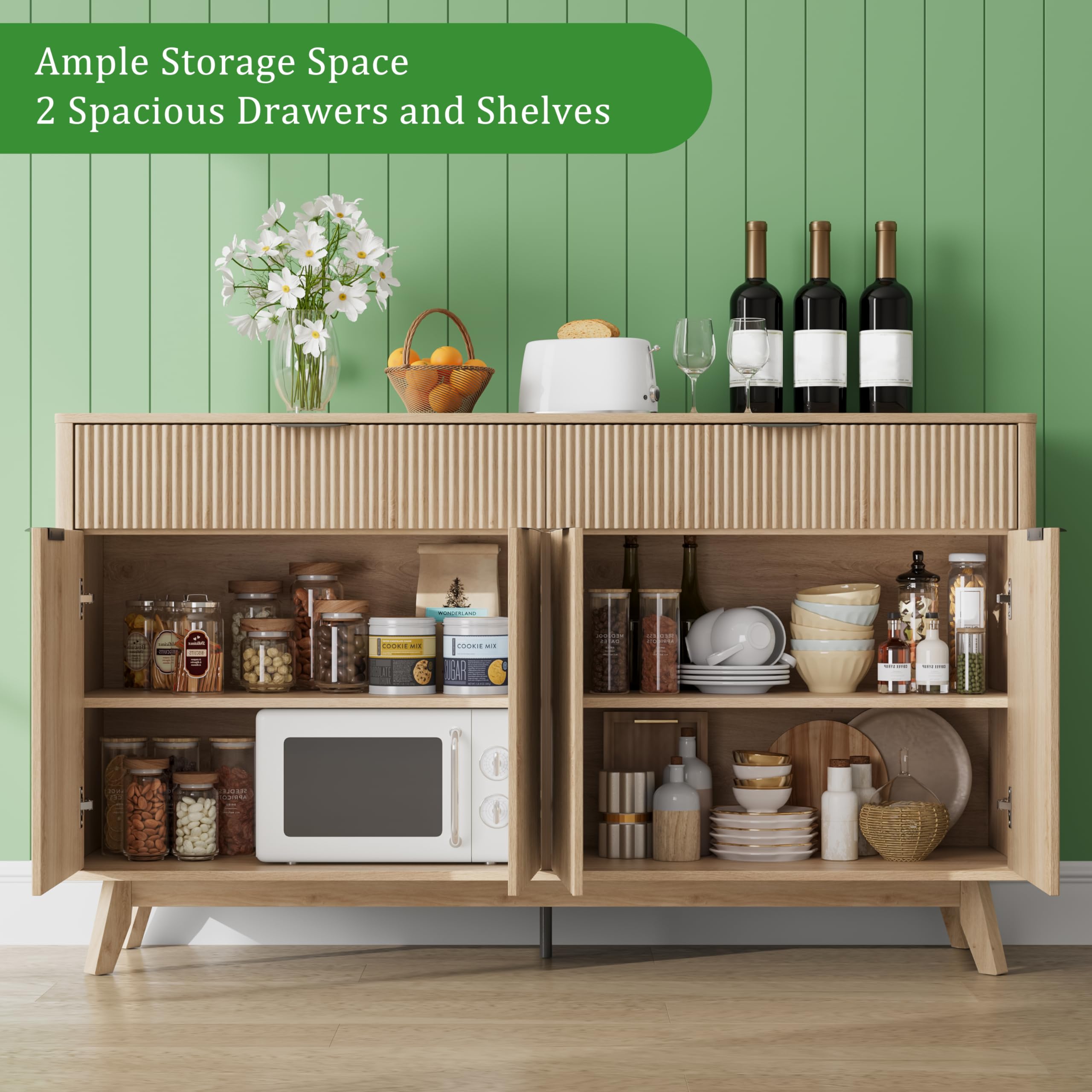 60" Rattan Buffet Sideboard Cabinet with Drawers & Wave Doors