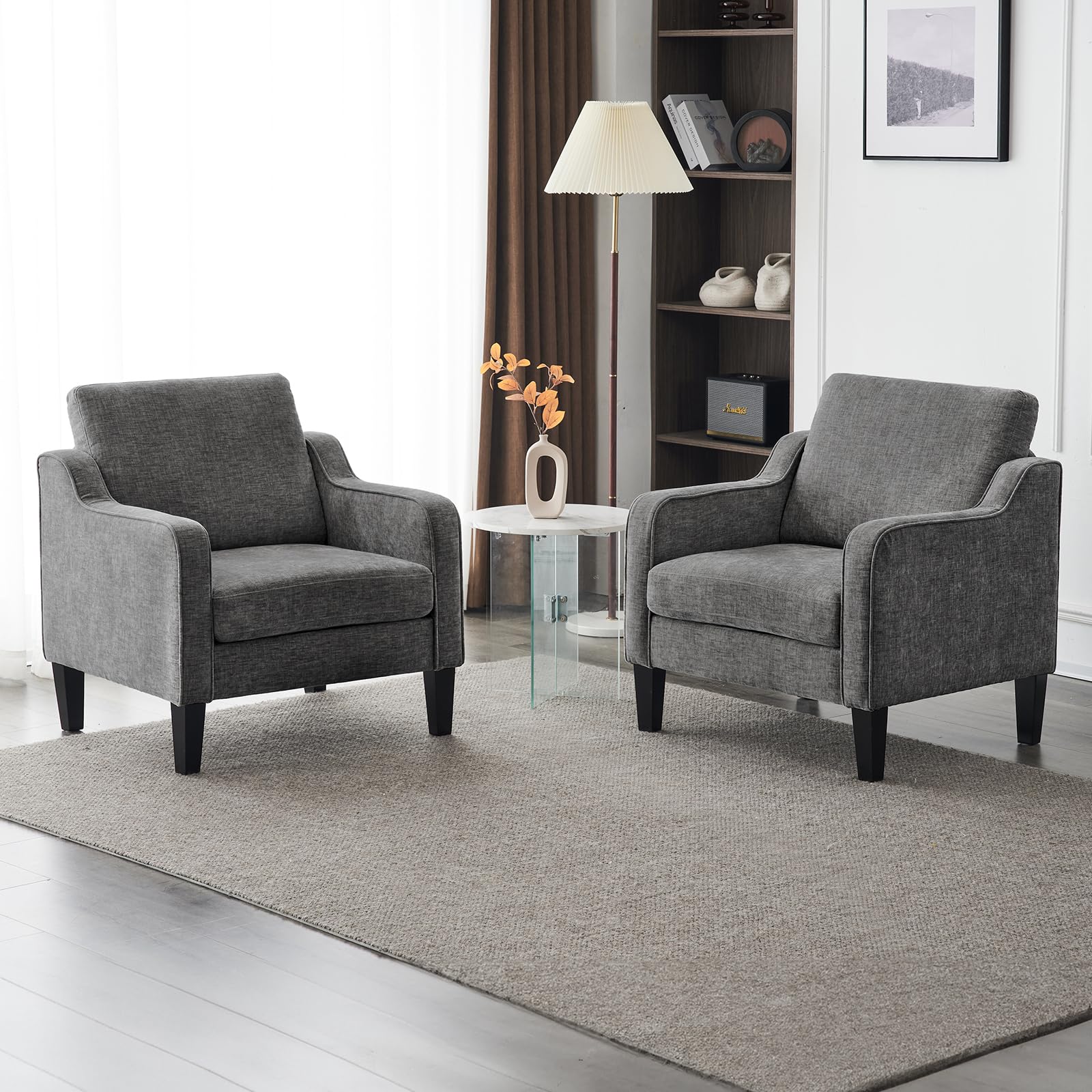VINGLI Accent Chairs Set of 2 for Living Room, Light Grey Mid Century Modern Chair Soft Chenille Sofa Chair Upholstered Comfy Arm Chairs for Bedroom, Play Room, Apartment