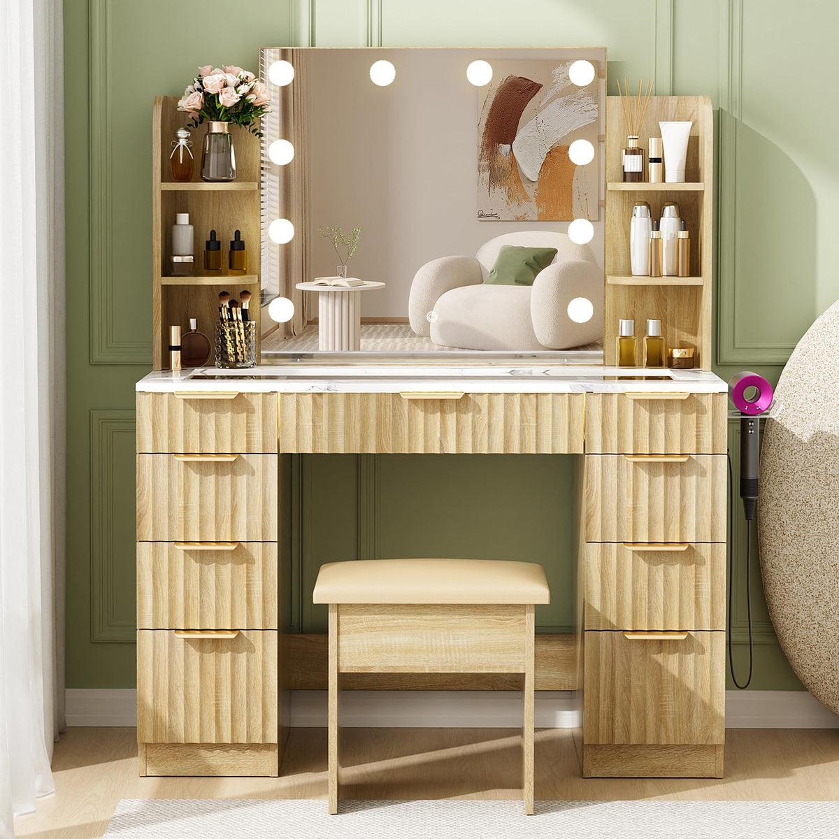 Fluted Glass-Top Makeup Vanity