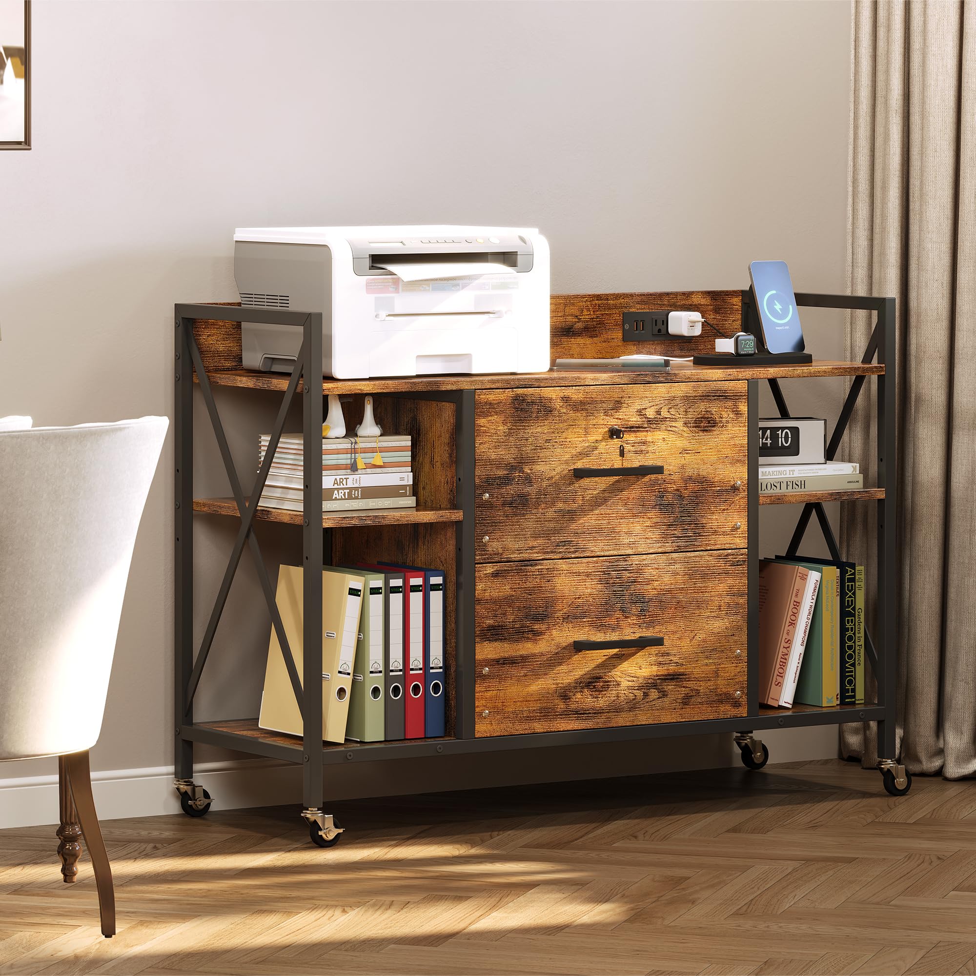 Rolling File Cabinet with Power Outlets & Locking Drawers