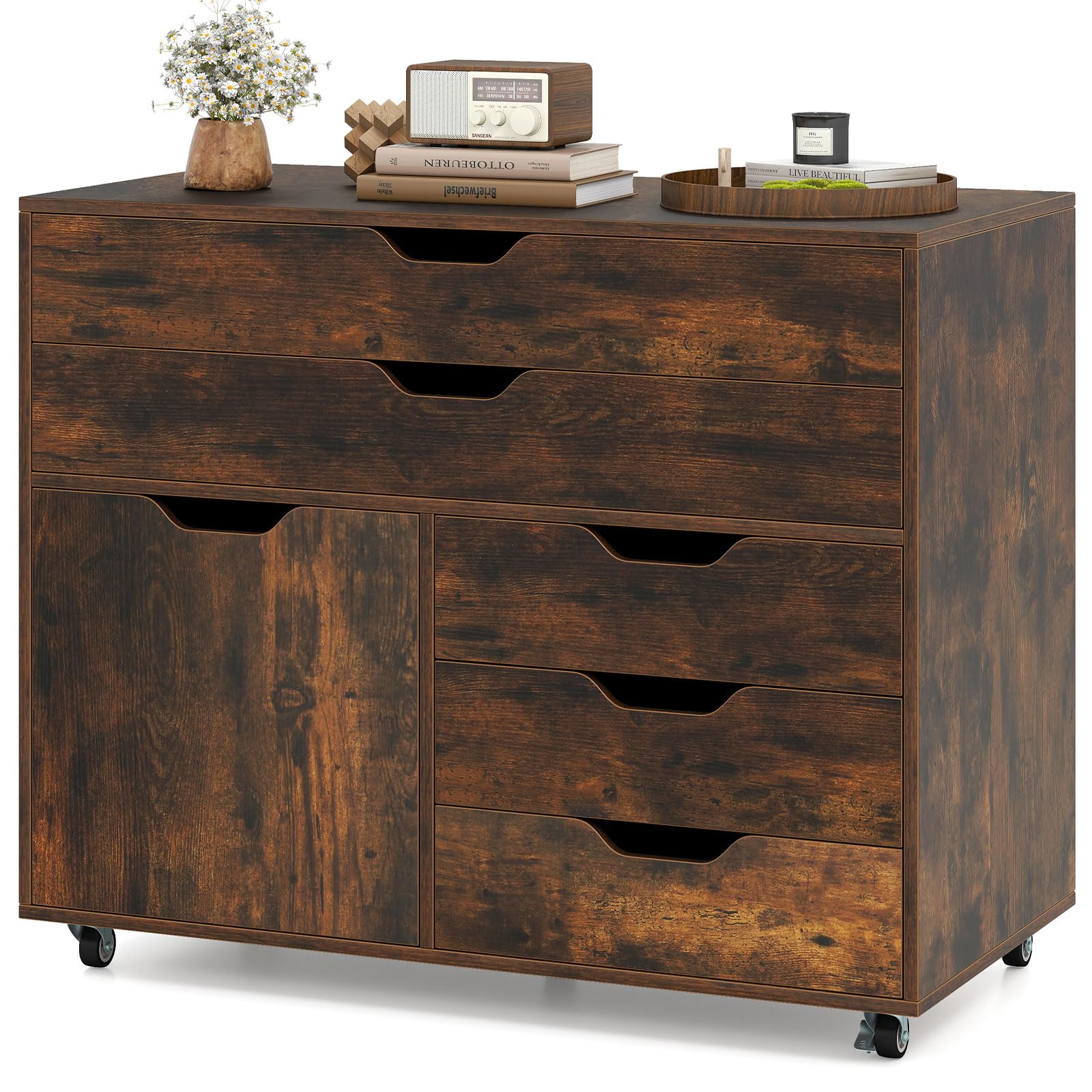 Rolling File Cabinet with 5 Drawers & Side Cabinet