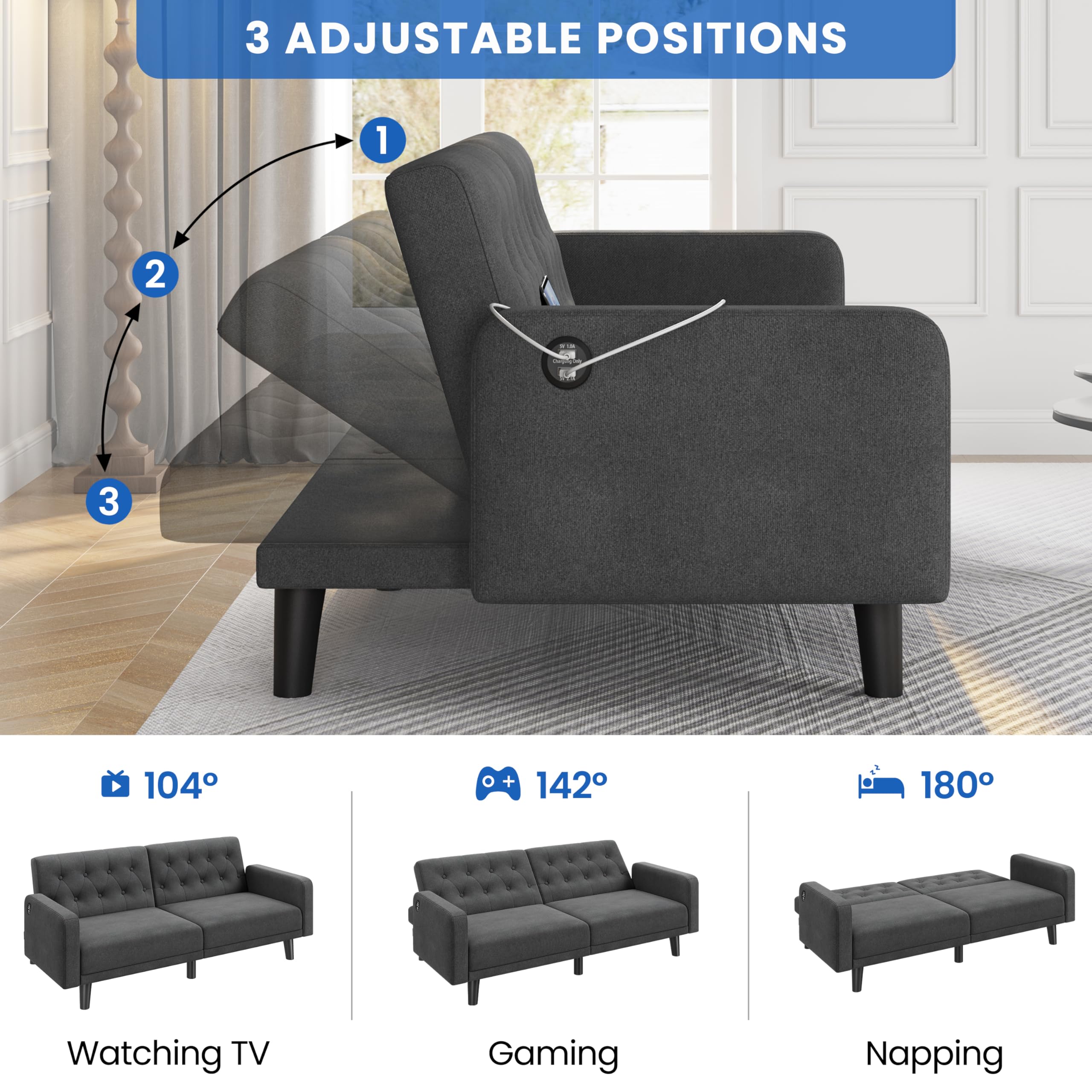 63" Convertible Futon Sofa Bed with USB Ports