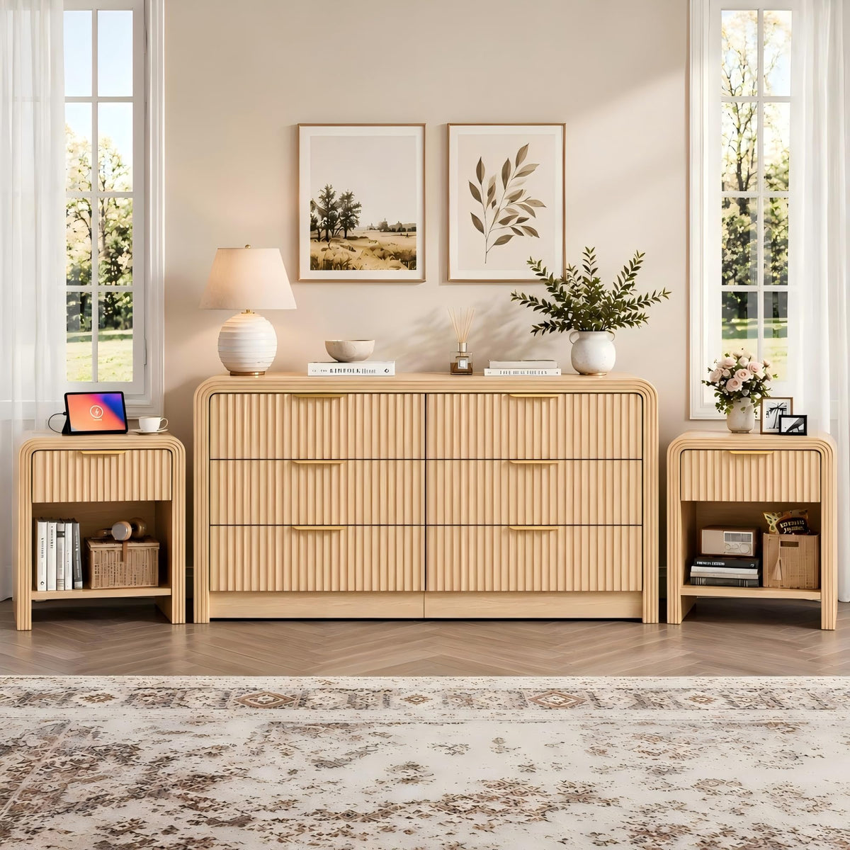 Decofy 3-Piece Bedroom Set, 6-Drawer Dresser & 1-Drawer Nightstands Oak