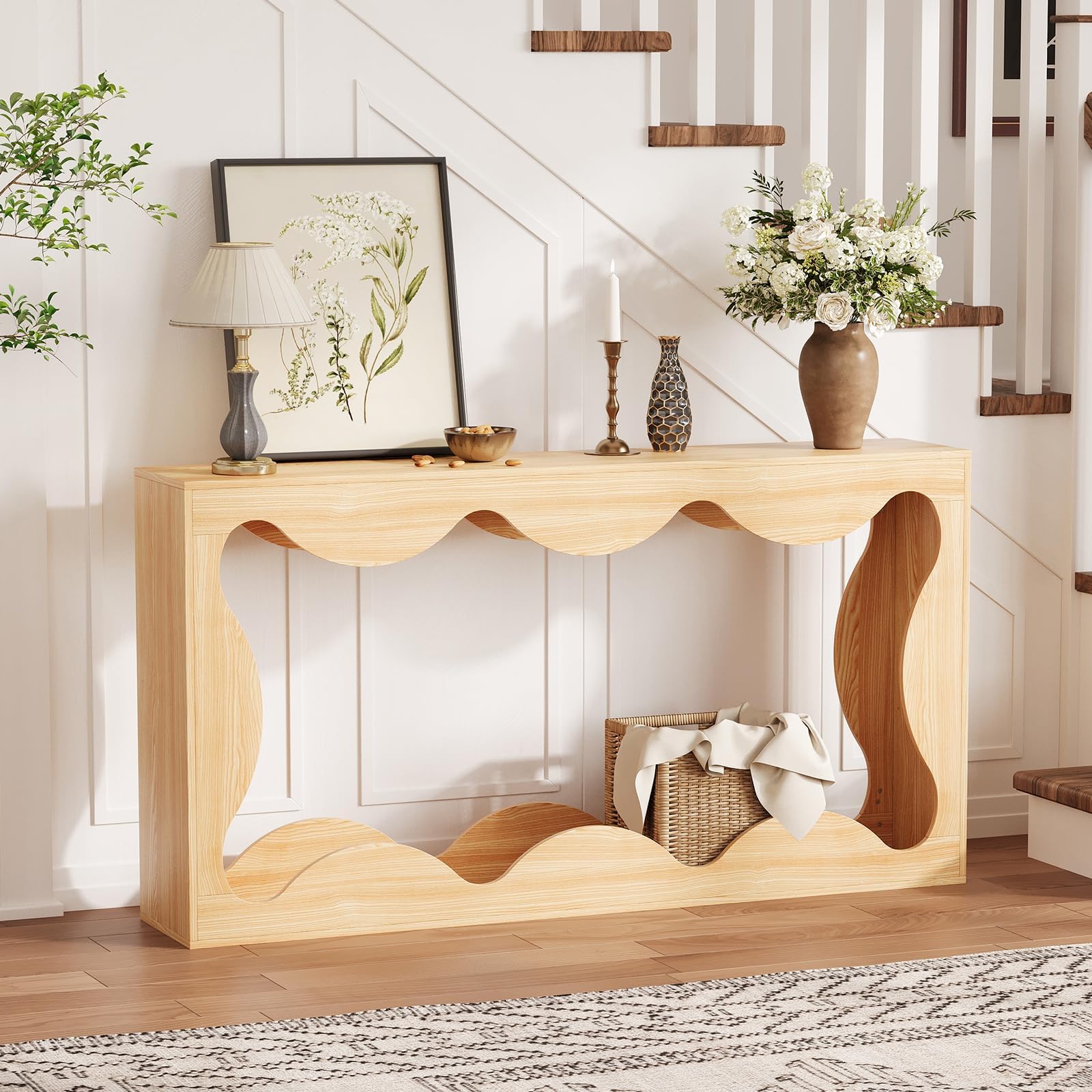 63" Rustic Scalloped Entryway Console Table, Narrow Wood Sofa Table with Storage for Behind Couch, Living Room, Hallway & Apartments, Natural