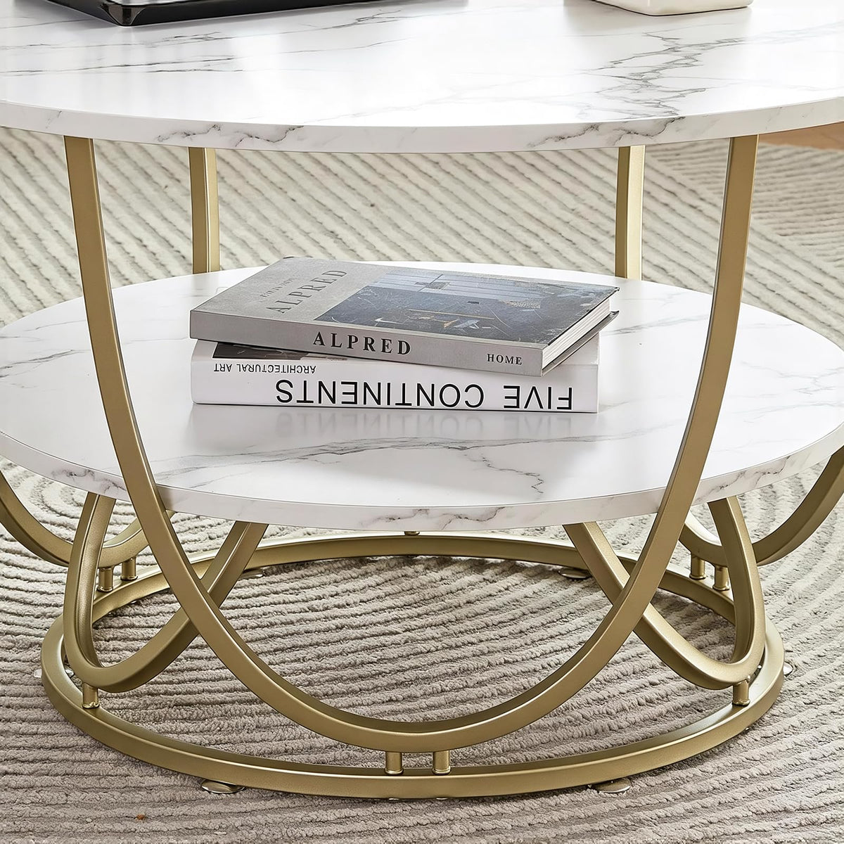 Round Marble-Look Storage Coffee Table