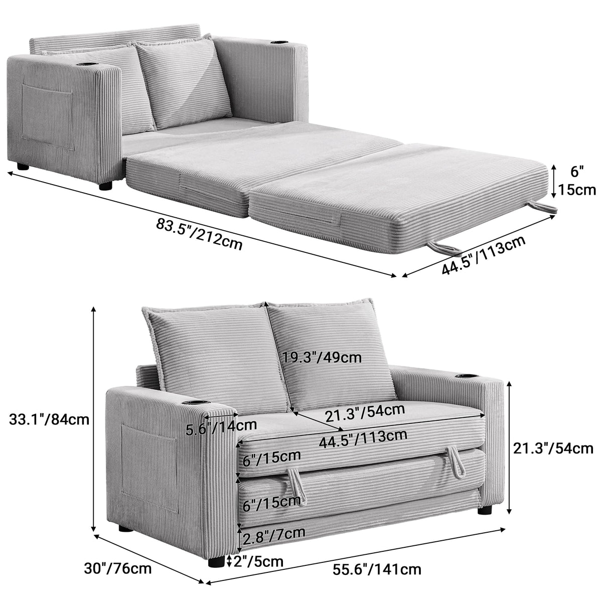 WODNITURE 55.6 in Convertible Sofa Bed, Corduroy Futon Couch, Gray