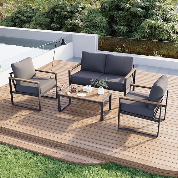 4-Piece Patio Conversation Set with Thick Cushions & Coffee Table