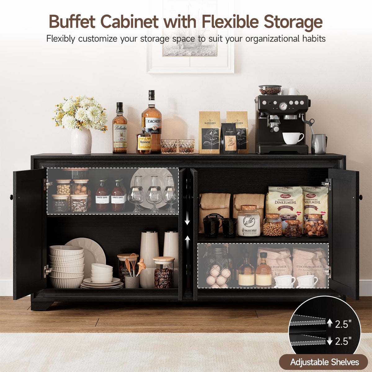 Comfycorner 60" Buffet Cabinet with Storage, Sideboard Buffet Table Black