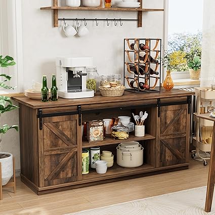 Shahoo Farmhouse Sideboard Buffet Cabinet, Coffee Bar Storage with Sliding Barn Doors, Shelf for Home Dining Room, White