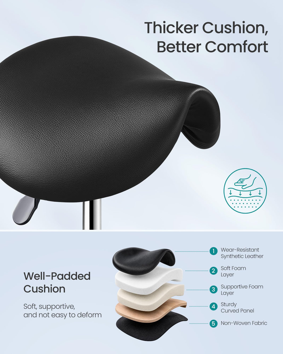 SONGMICS Ergonomic Saddle Stool with Wheels, Rolling Stool