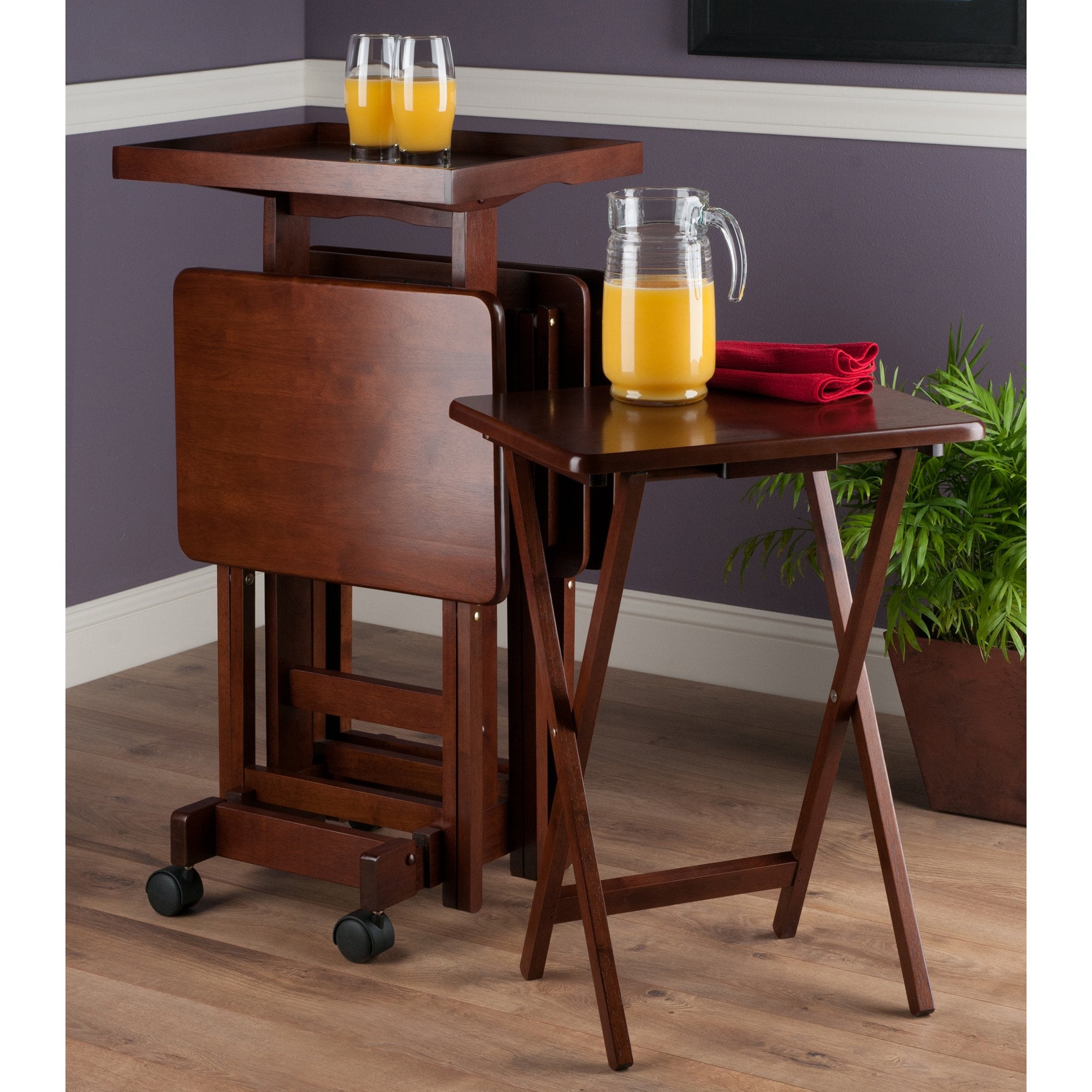 5-Piece Solid Wood Snack Table Set with Rolling Stand