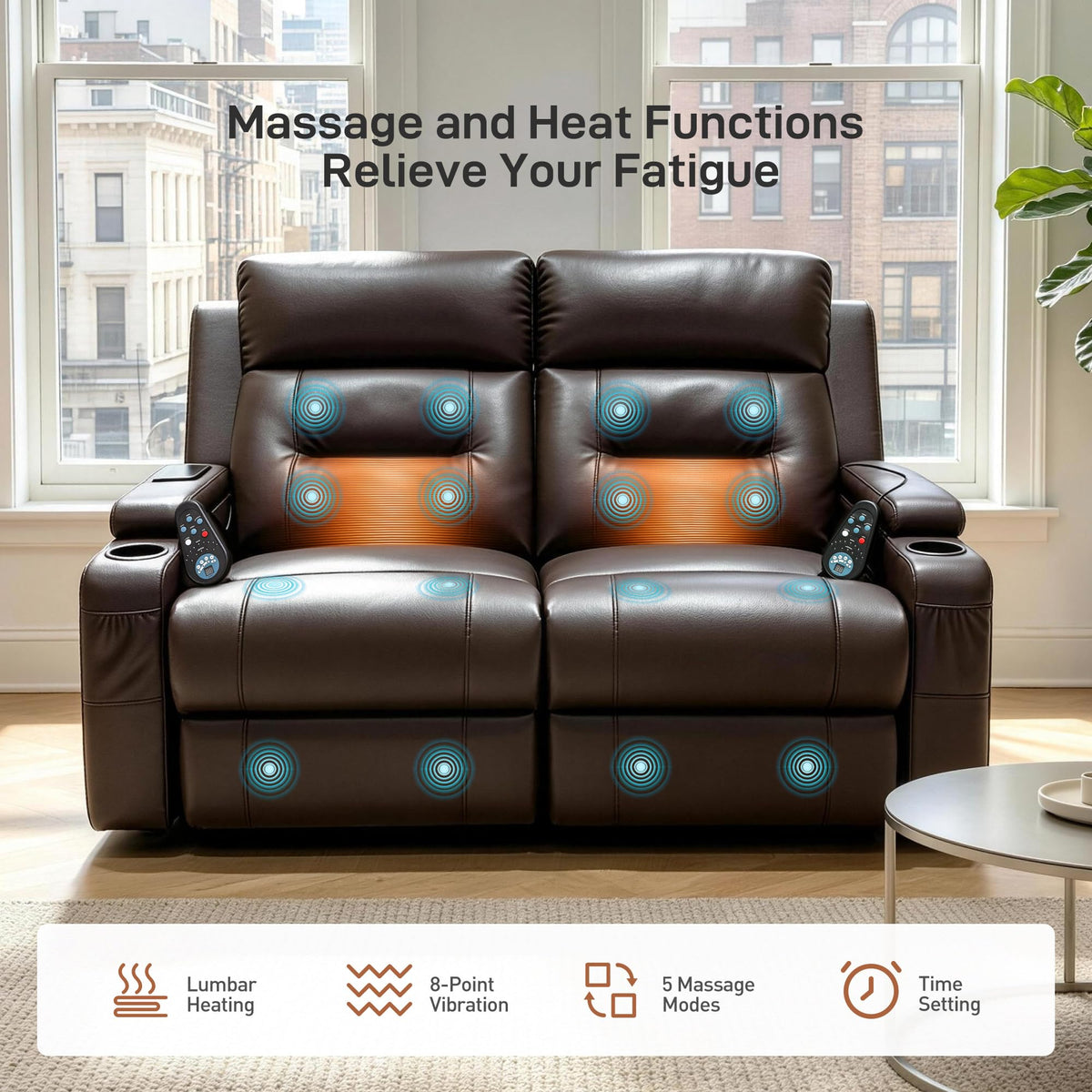 BKHGDI Loveseat Recliner Sofa with Massage and Heat，2 Seat Sofa for Small Spaces with USB Ports & Pockets, Console, Cup Holders & Drawer, RV Couch for Home Theater Seating