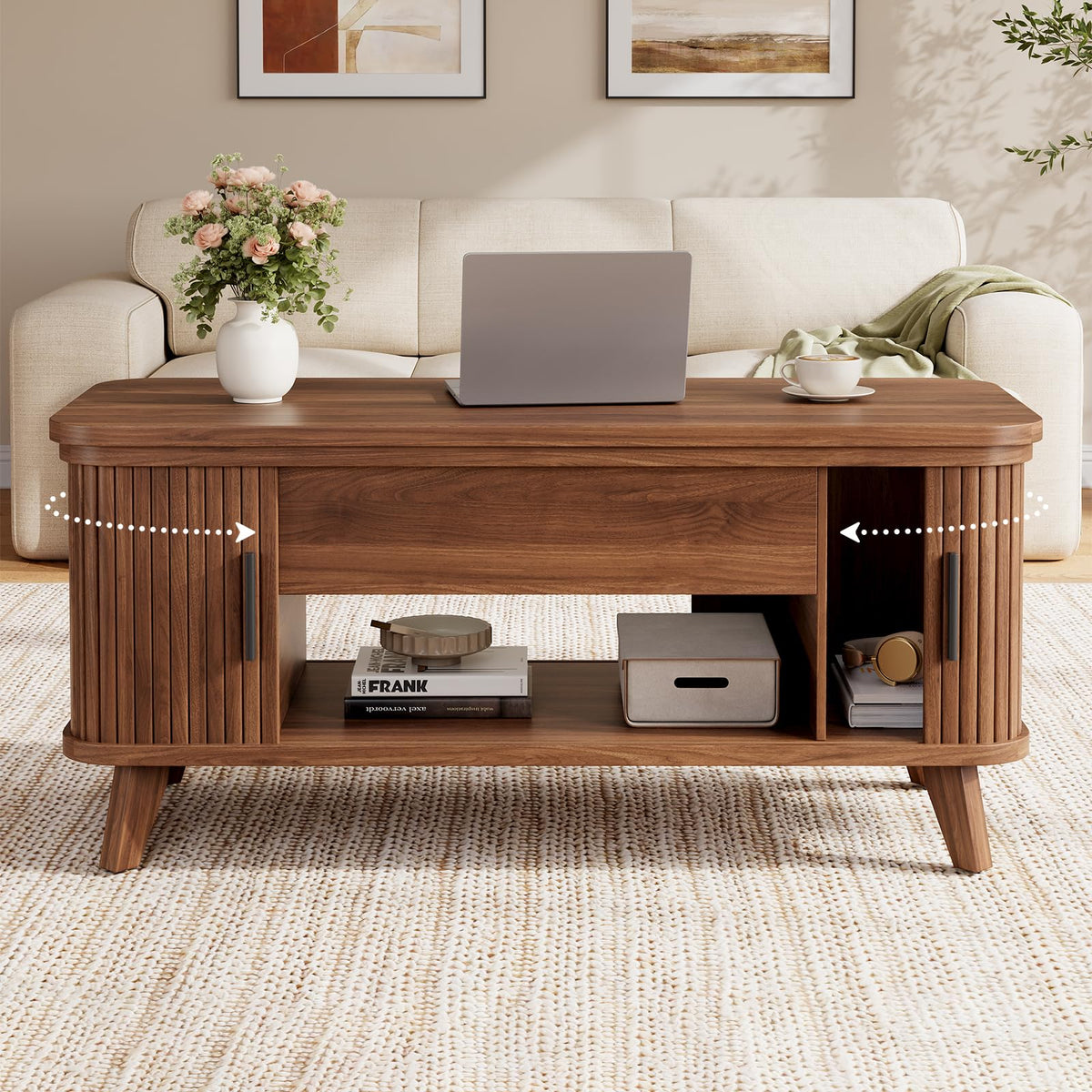Mid Century Lift Top Coffee Table with Hidden Storage, Brown