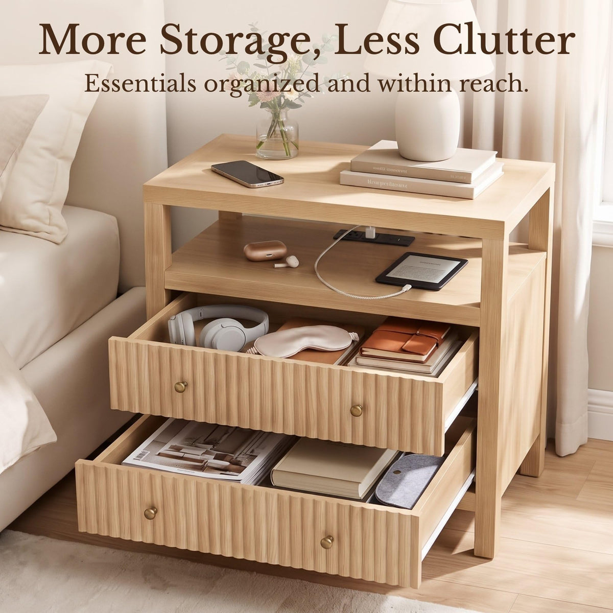AURELIA LEVEAUX 26" Wide Natural Wood Fluted Charging Nightstands Set of 2