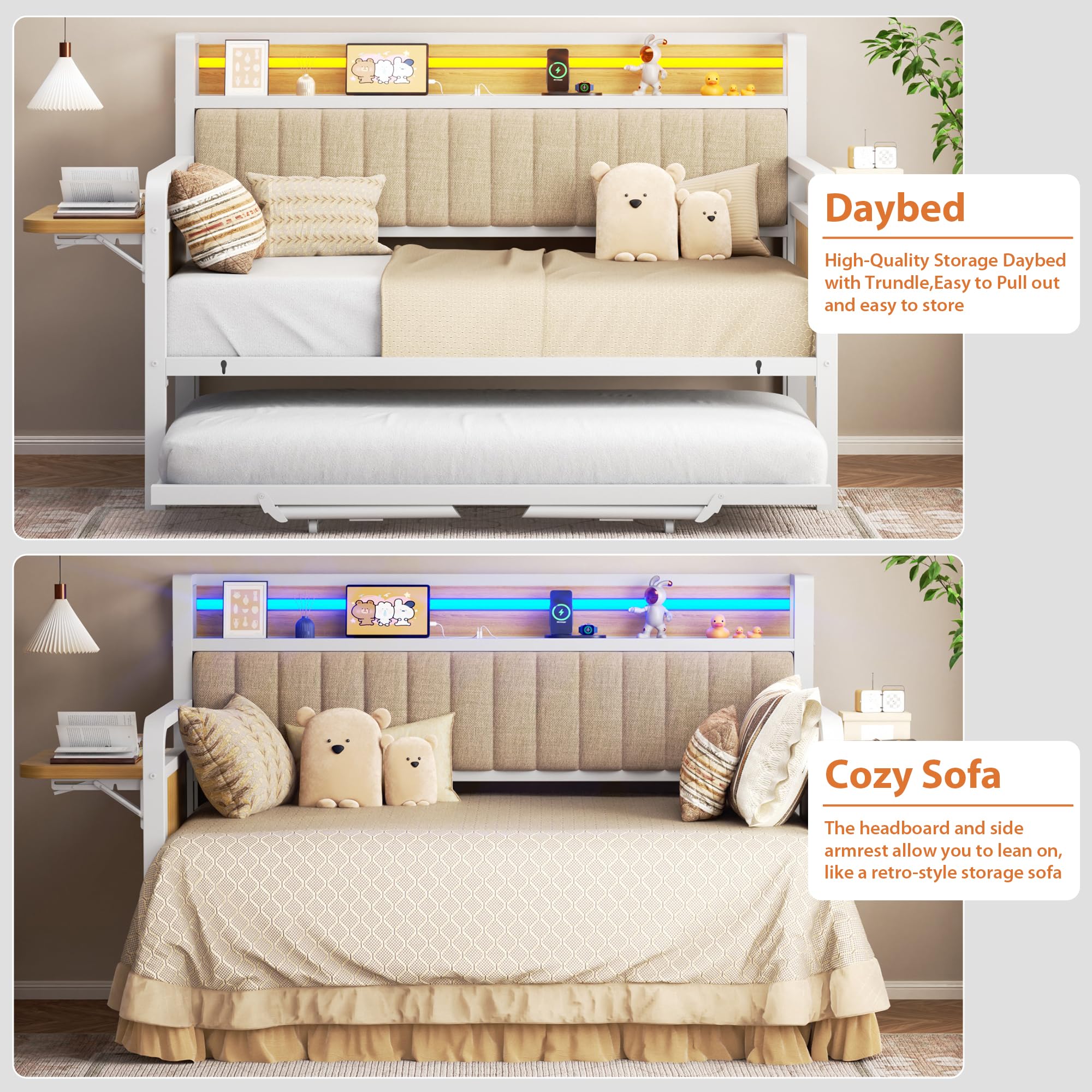 Daybed with Trundle and LED Light, Heavy Duty Metal Twin Bed Frame with Upholstered Storage Headboard & Charging Station, Day Bed Pop Up Trundle Bed Twin for Living Room,Bedroom and Guest Room, White