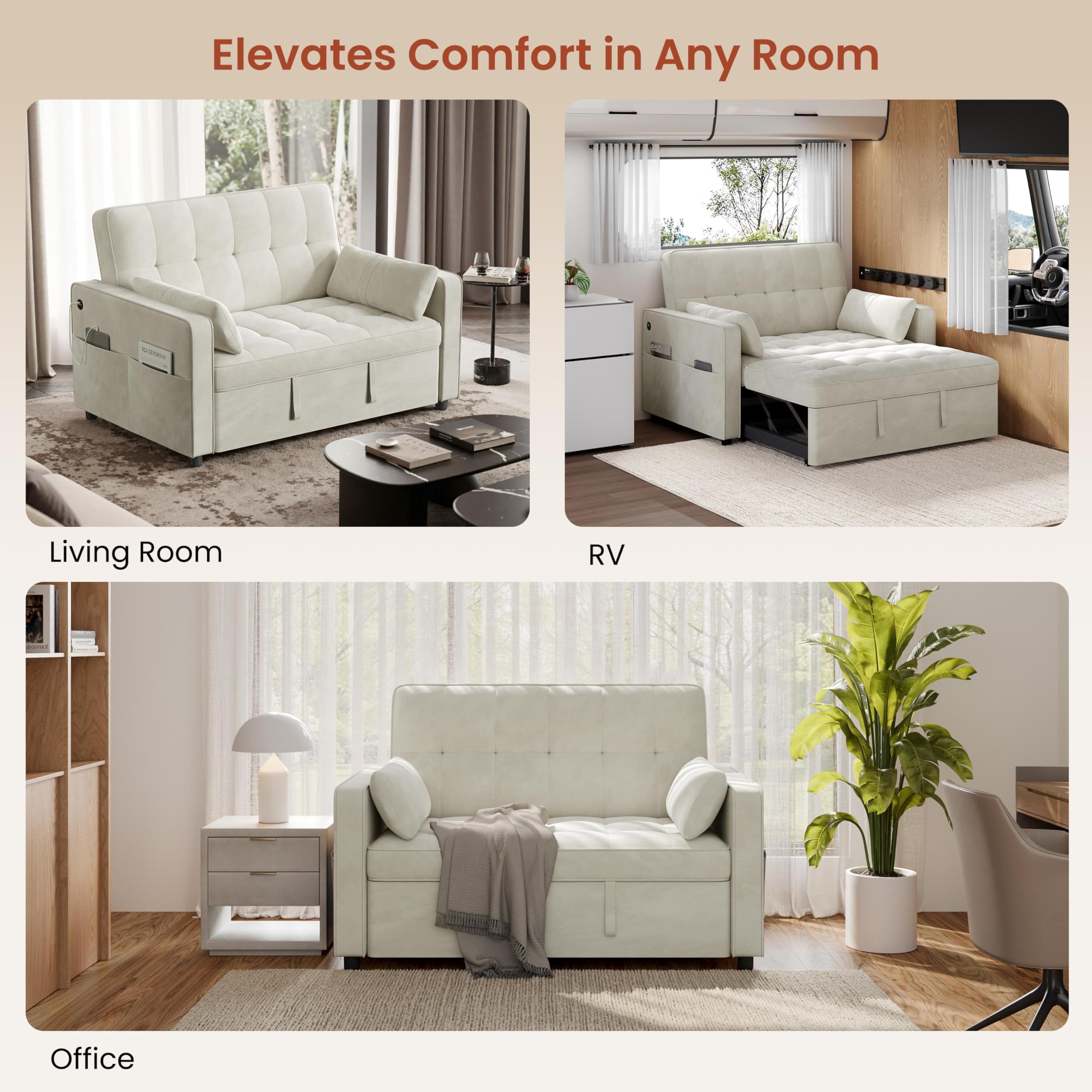 Yaheetech 3 in 1 Sofa Bed Convertible Velvet Sofa Pull Out Couch Folding Loveseat Sleeper with Adjustable Backrest, Armrest Pillows, USB Ports, Side Pockets for Living Room Bedroom Apartment, Beige