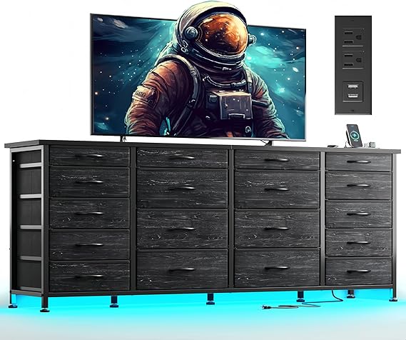 18-Drawer TV Stand Dresser with LED Light & Power Outlets