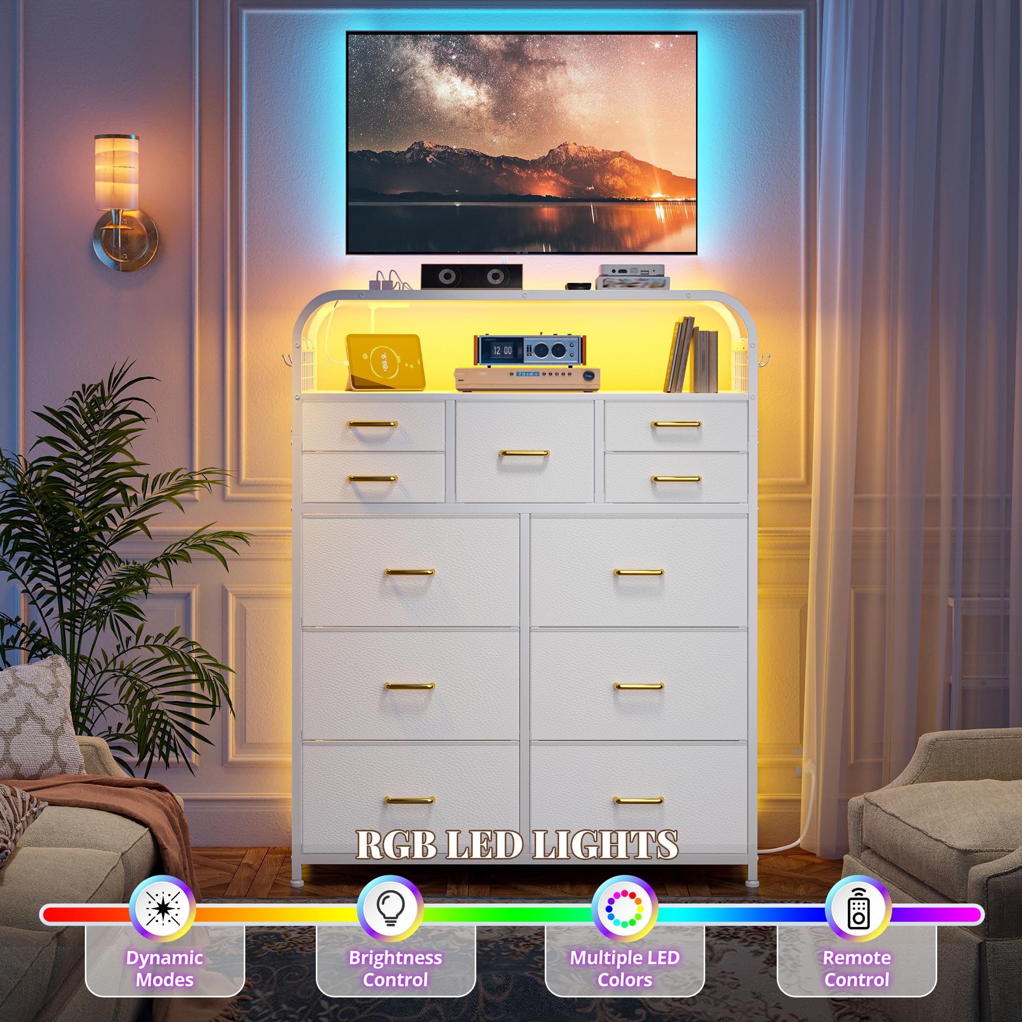 EnHomee 47" H Dressers & Chests of Drawers with LED Lights & Charging Station, Dresser for Bedroom with 11 Fabric Drawers & 4 Hooks & Open Shelves, Entryway, Hallway, Dorm White