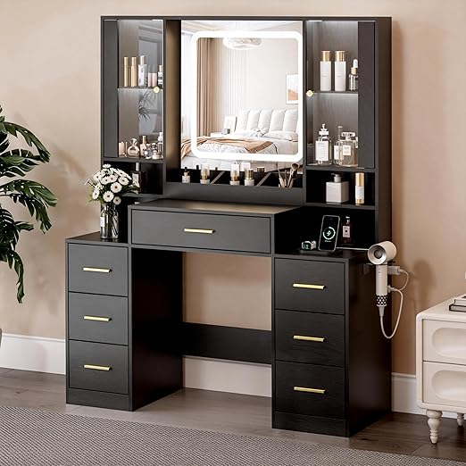 Vanity Desk with Mirror, LED Lights, 7 Drawers & RGB Cabinet Lighting