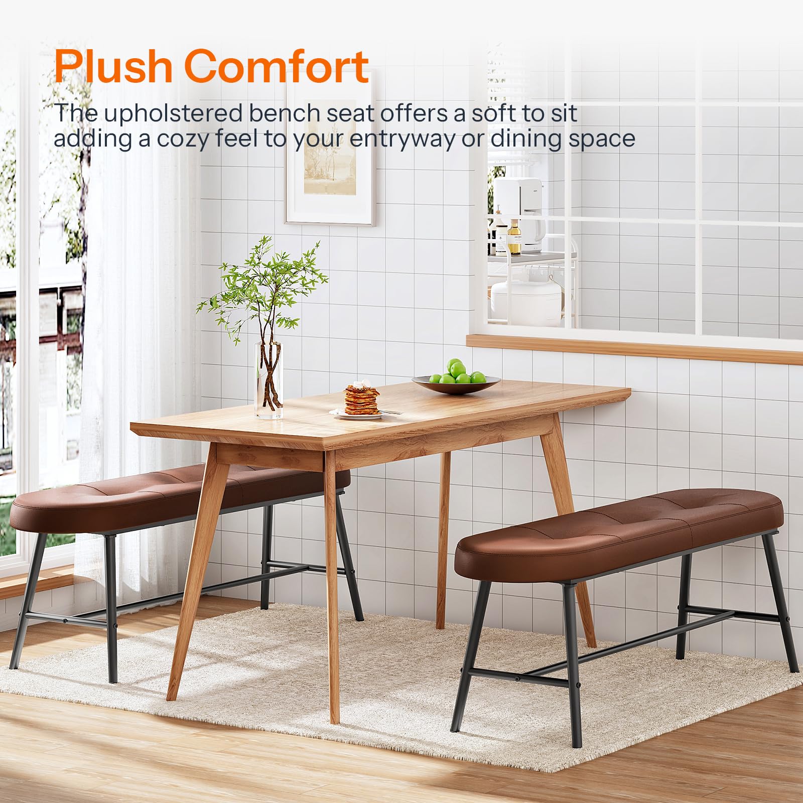 HOOBRO Dining Bench, Upholstered Kitchen Table Bench, Dining Room Bench with PU Leather Padded Seat, Steel Frame, Easy to Assemble, for Kitchen, Dining Room, Bedroom, Brown and Black CB100CD01G1