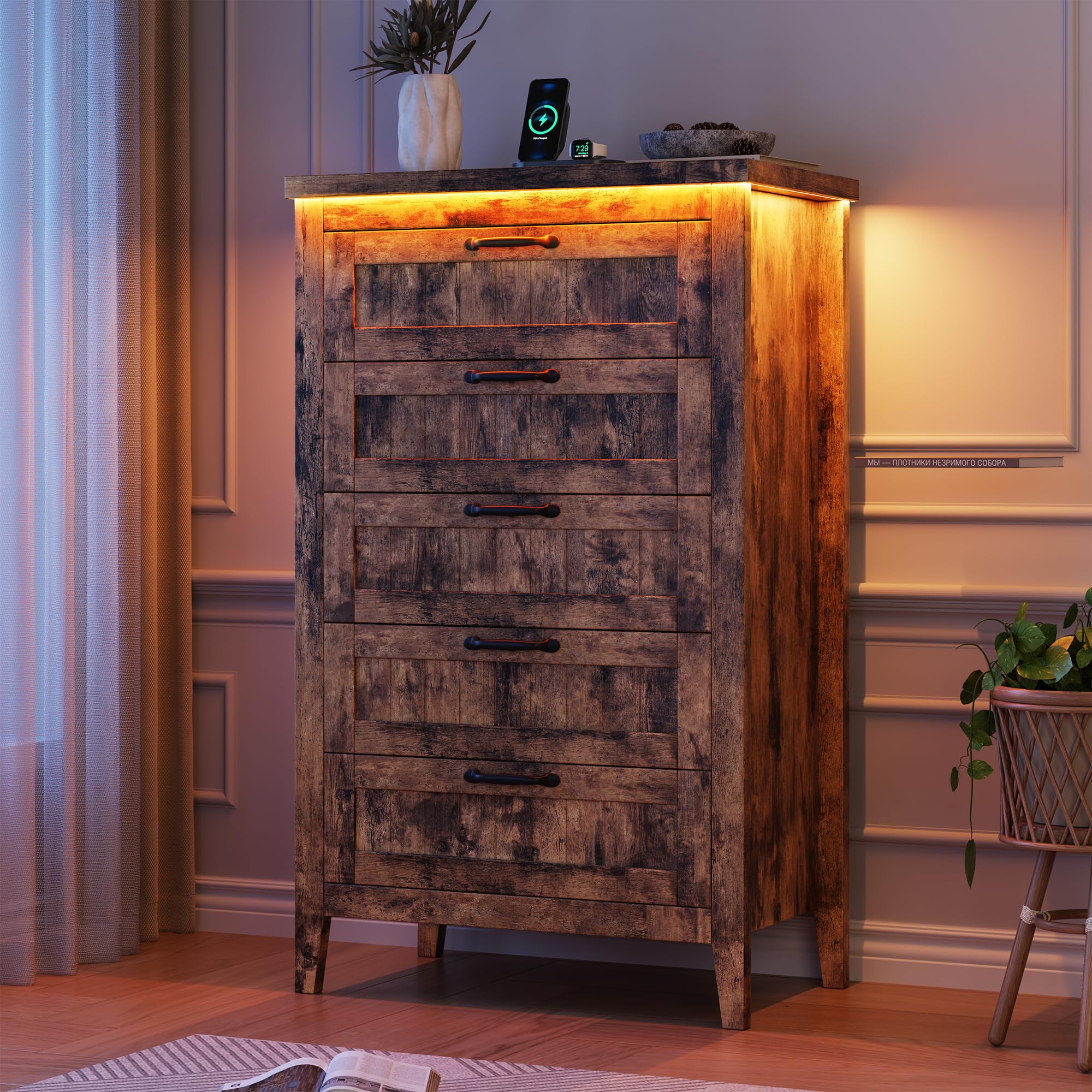 GarveeHome Farmhouse Tall 5 Drawer Dresser with Charging Station & LED Lights, Slim Wooden Bedroom Dresser, Rustic Chest of Drawers Clothes Storage Organizer for Closet Dorm Apartments, Retro