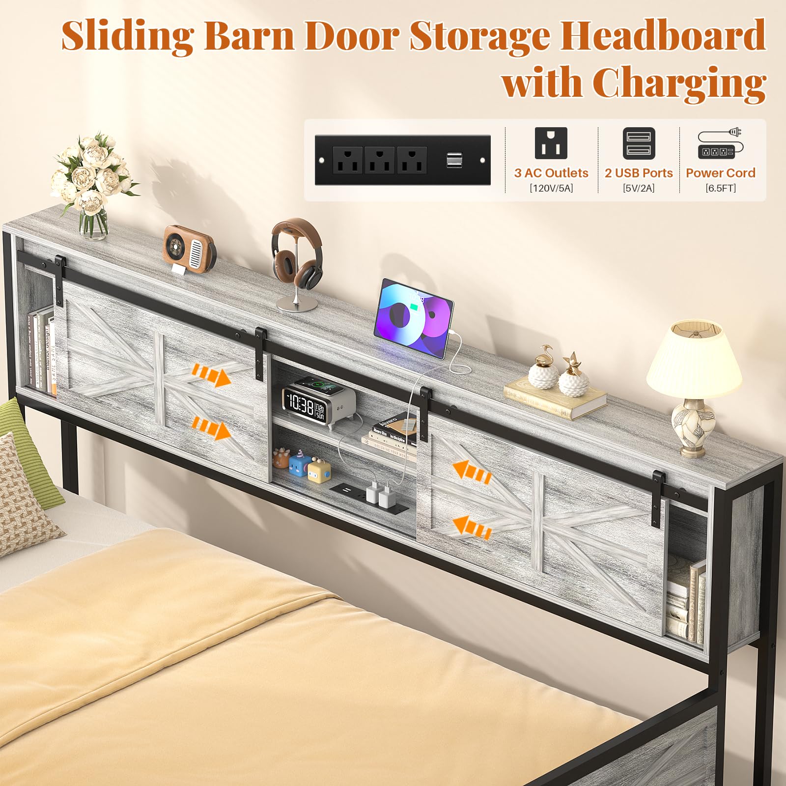 Homieasy Farmhouse Twin Daybed with Pop-Up Trundle, Metal Trundle Bed Frame with Bookcase Headboard, Charging Station & Barn Door Storage for Bedroom & Guest Room, Light Oak