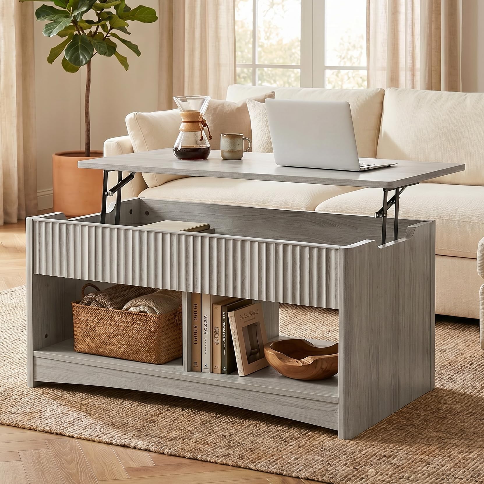 Marsail Lift-Top Coffee Table, Fluted Center Table with Hidden Compartments, Smooth Lifting & Space-Saving Design, Versatile Wood Coffee Table for Living Room and Office, Grey