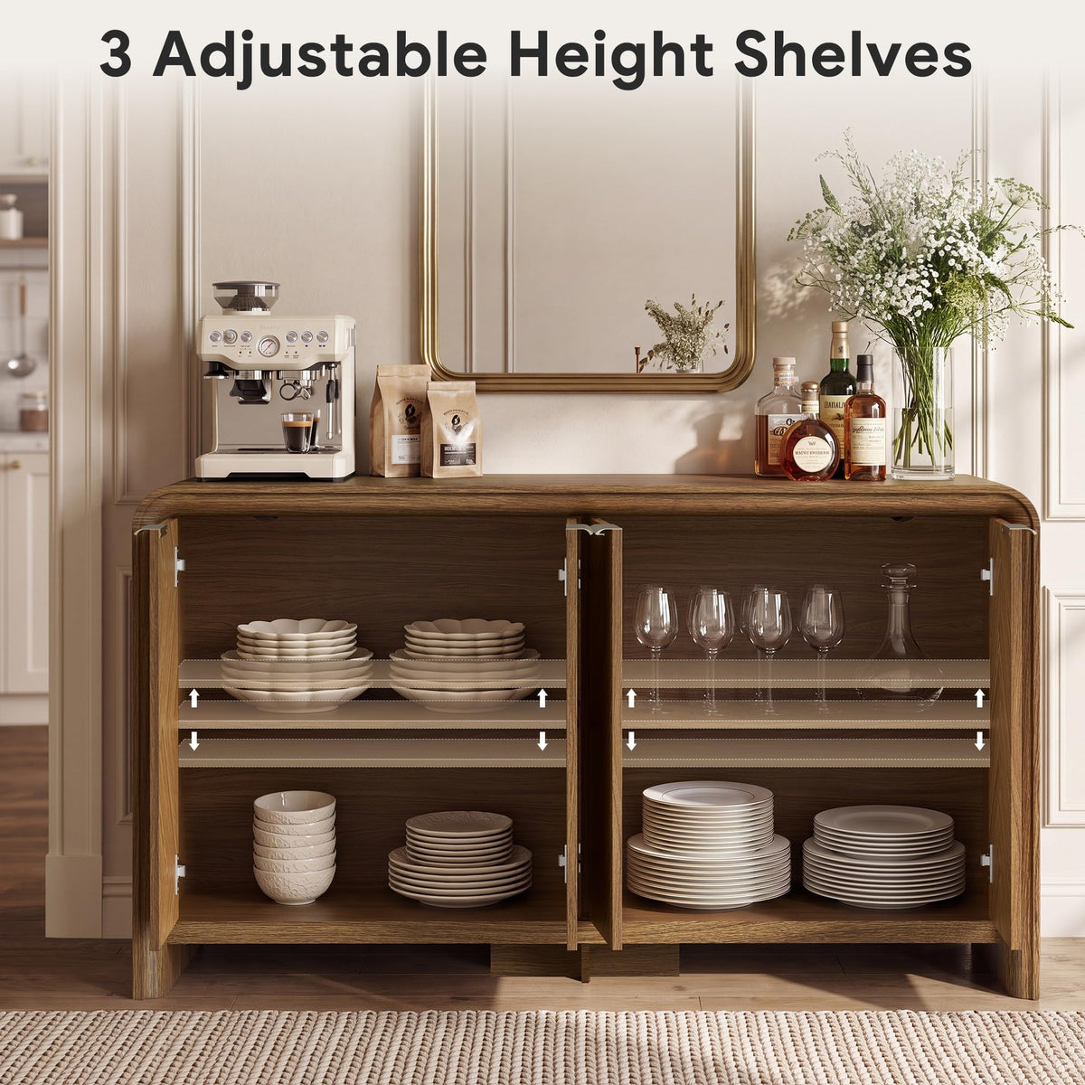 55" Buffet Cabinet with Storage, Herringbone Sideboard Cabinet, Walnut