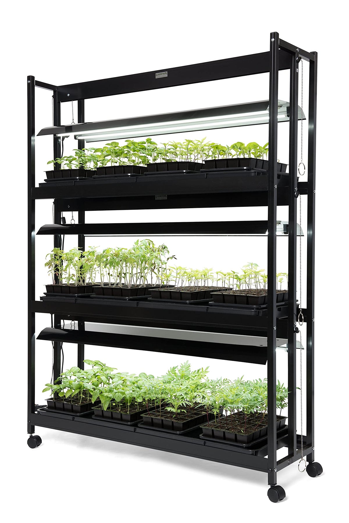 Gardener's Supply Company 3-Tier Grow Light Plant Stand with Three Watertight Shelf Trays | Includes 6 Bright 6500K Color LED Full-Spectrum Bulbs for Optimal Indoor Growing