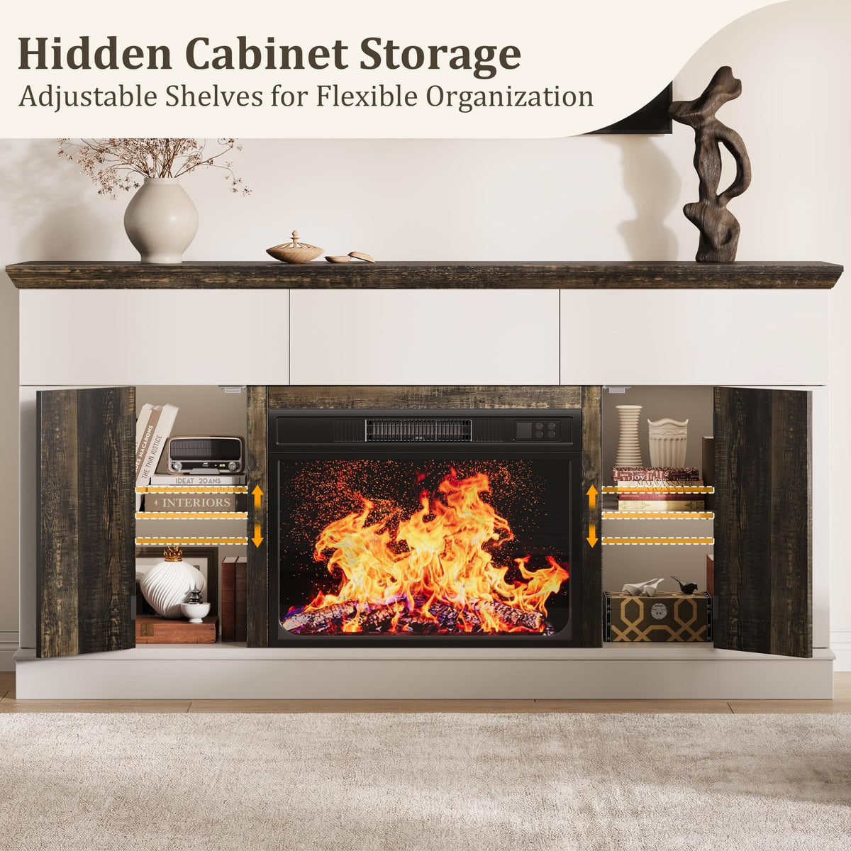 Jocoevol 58" Fireplace TV Stand with 23" Electric Fireplace, Entertainment Center for TVs up to 65", TV Console with 3 Storage Drawers, 2 Side Cabinets & Press-to-Open Doors for Living Room, Bedroom