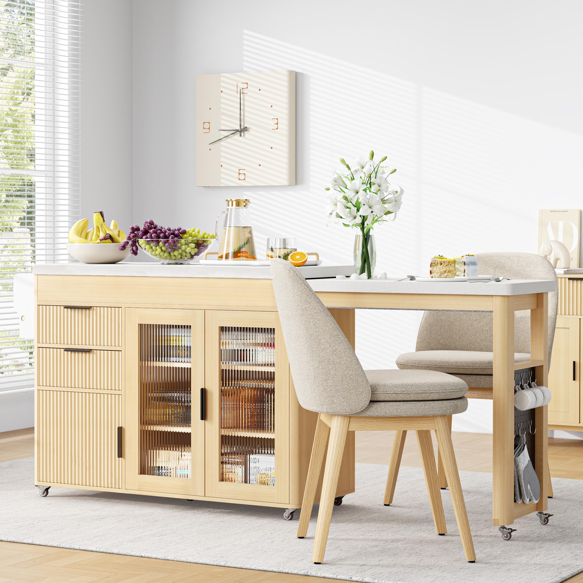 Expandable Kitchen Island with Dining Table & Storage