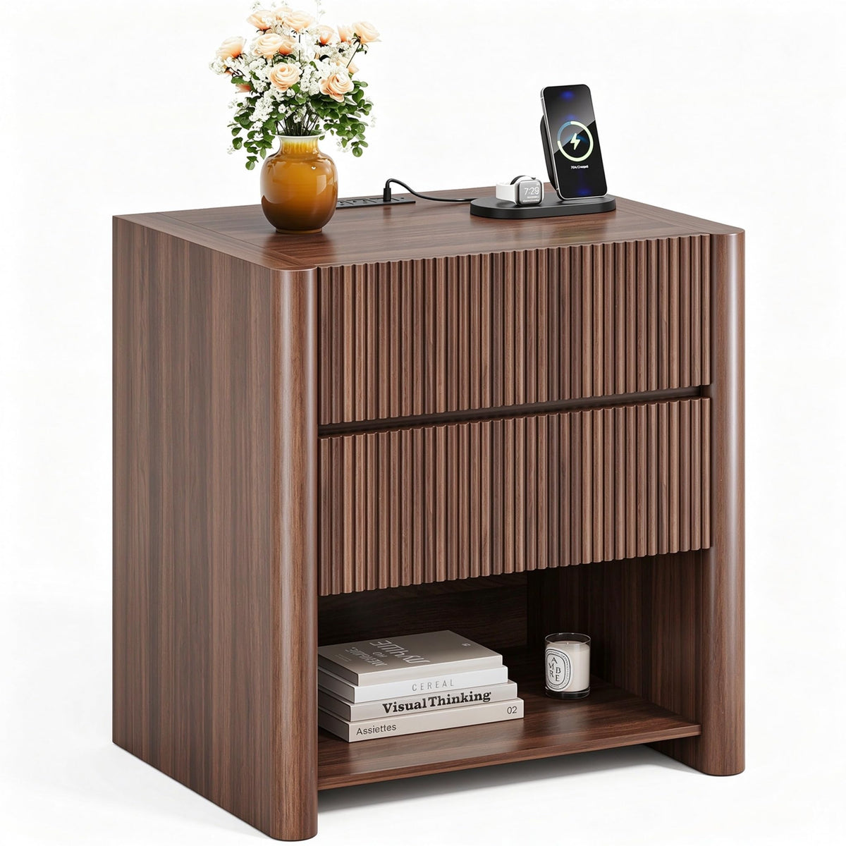 Apicizon 23.6'' Wide Fluted Nightstand with Charging Station, Walnut