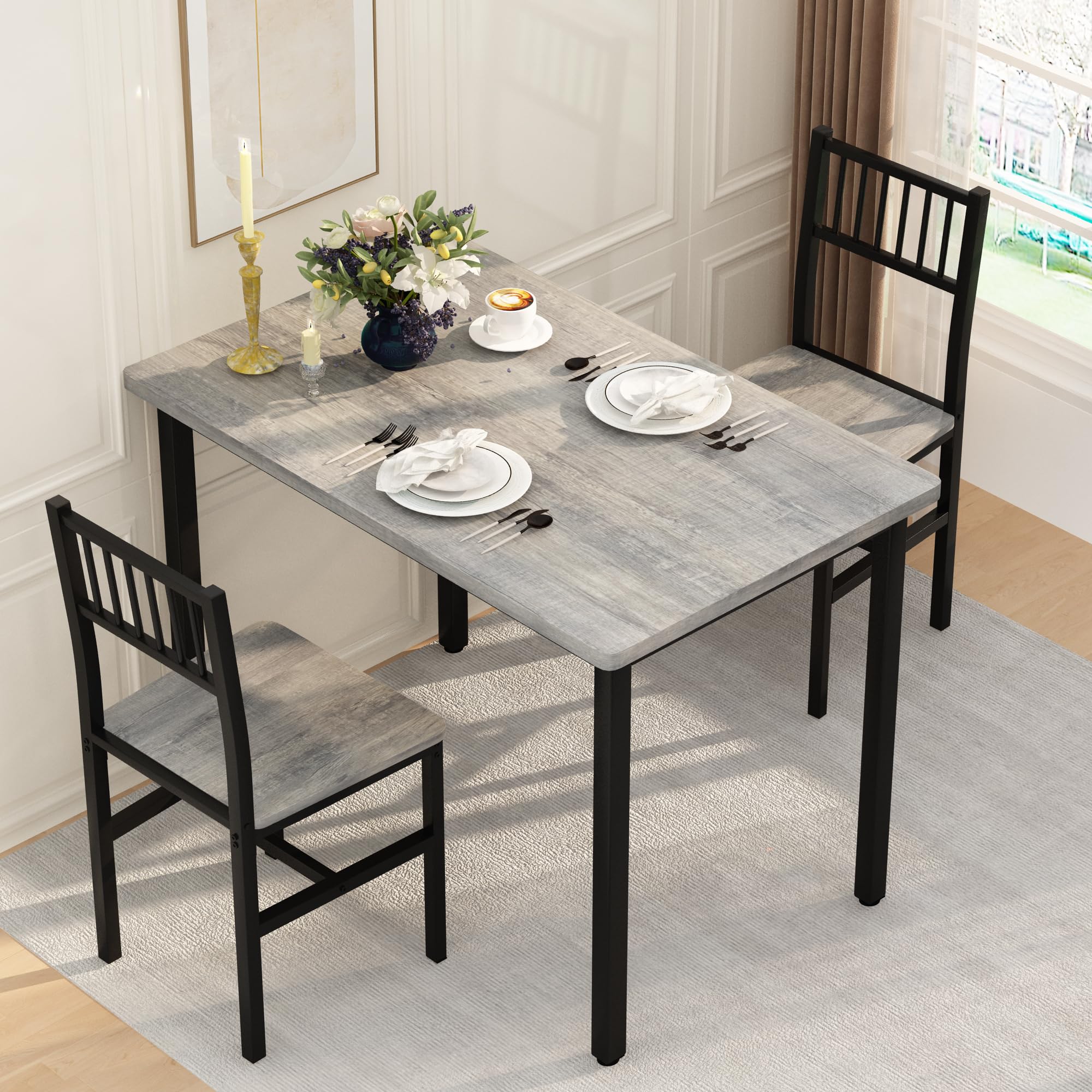 AWQM 3 Piece Dining Table Set for 2, Small Kitchen Table Set for 2 with Chairs,Wood Breakfast Nook Table and Chairs Set of 2,Dinette Set for Small Space,Dining Room,Apartment, Grey