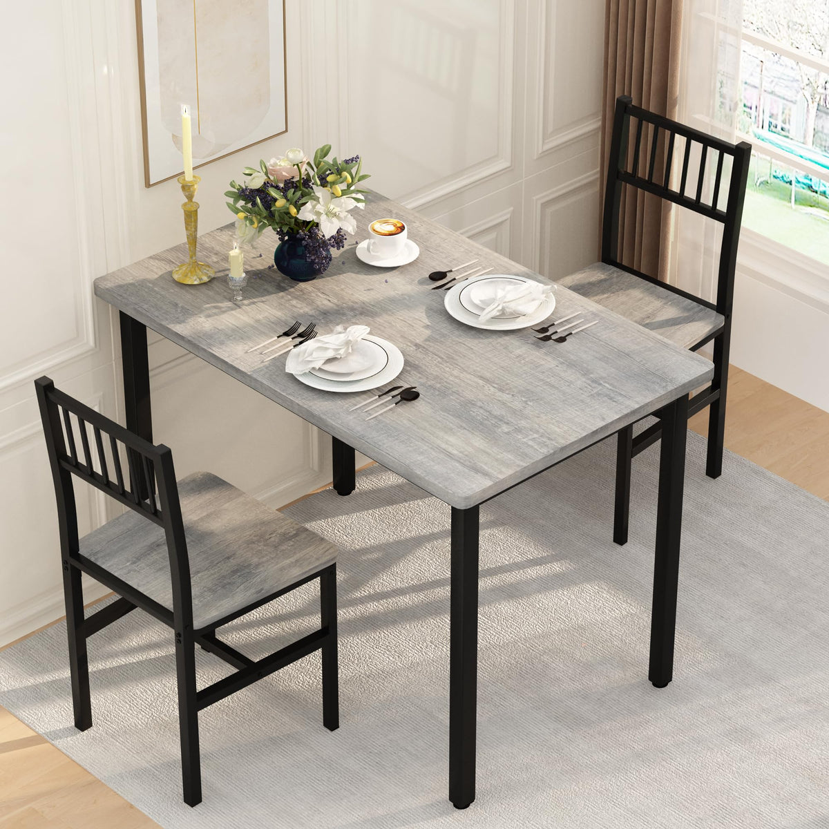 AWQM 3 Piece Dining Table, Small Kitchen Table Set for 2 with Chairs(Grey)