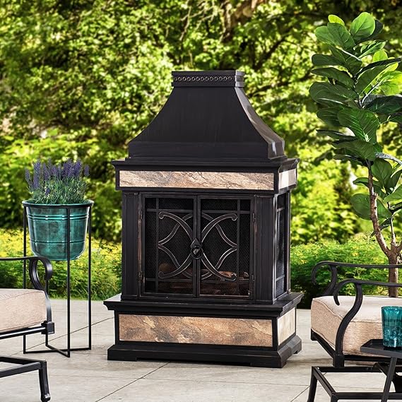 Outdoor Wood-Burning Fireplace with Chimney & Ceramic Tile