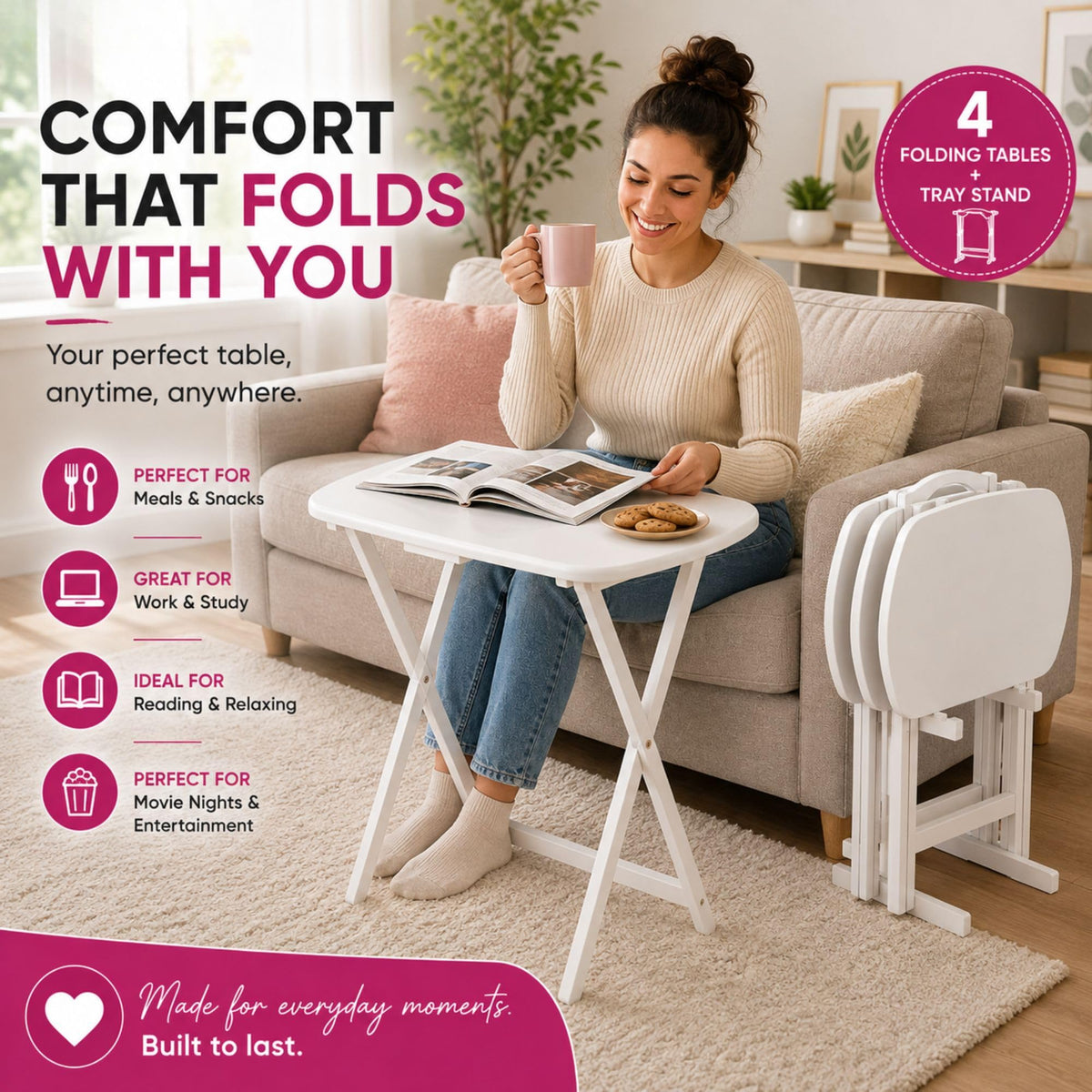 Oakestry Corbett 4 Piece Oversized Snack Tables with Tray Stand Folding TV Tray Set Portable Space Saving Sofa Side Tables Durable Wood Construction Modern White Finish
