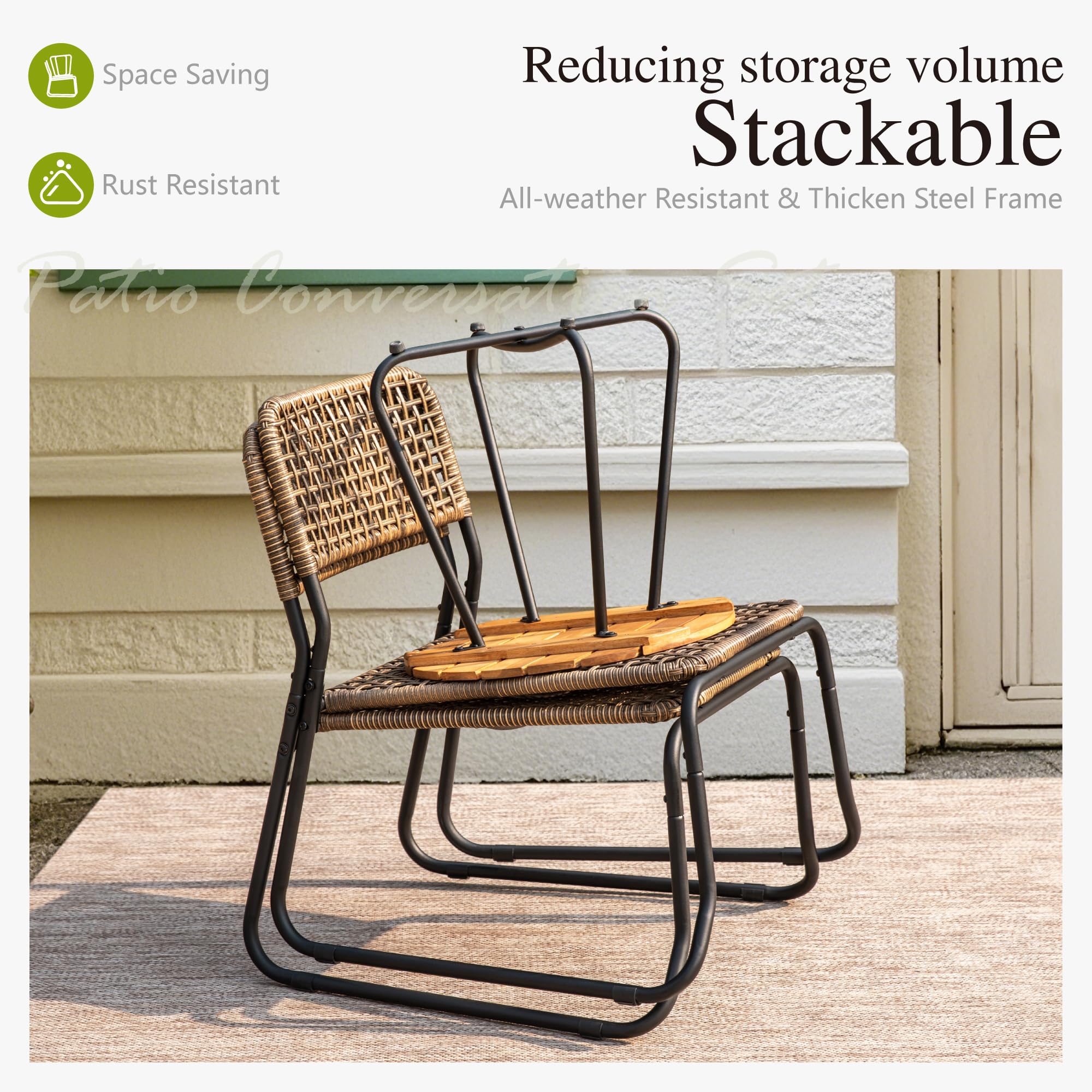 3-Piece Outdoor Bistro Set – Stackable Rattan Chairs & Acacia Wood Table