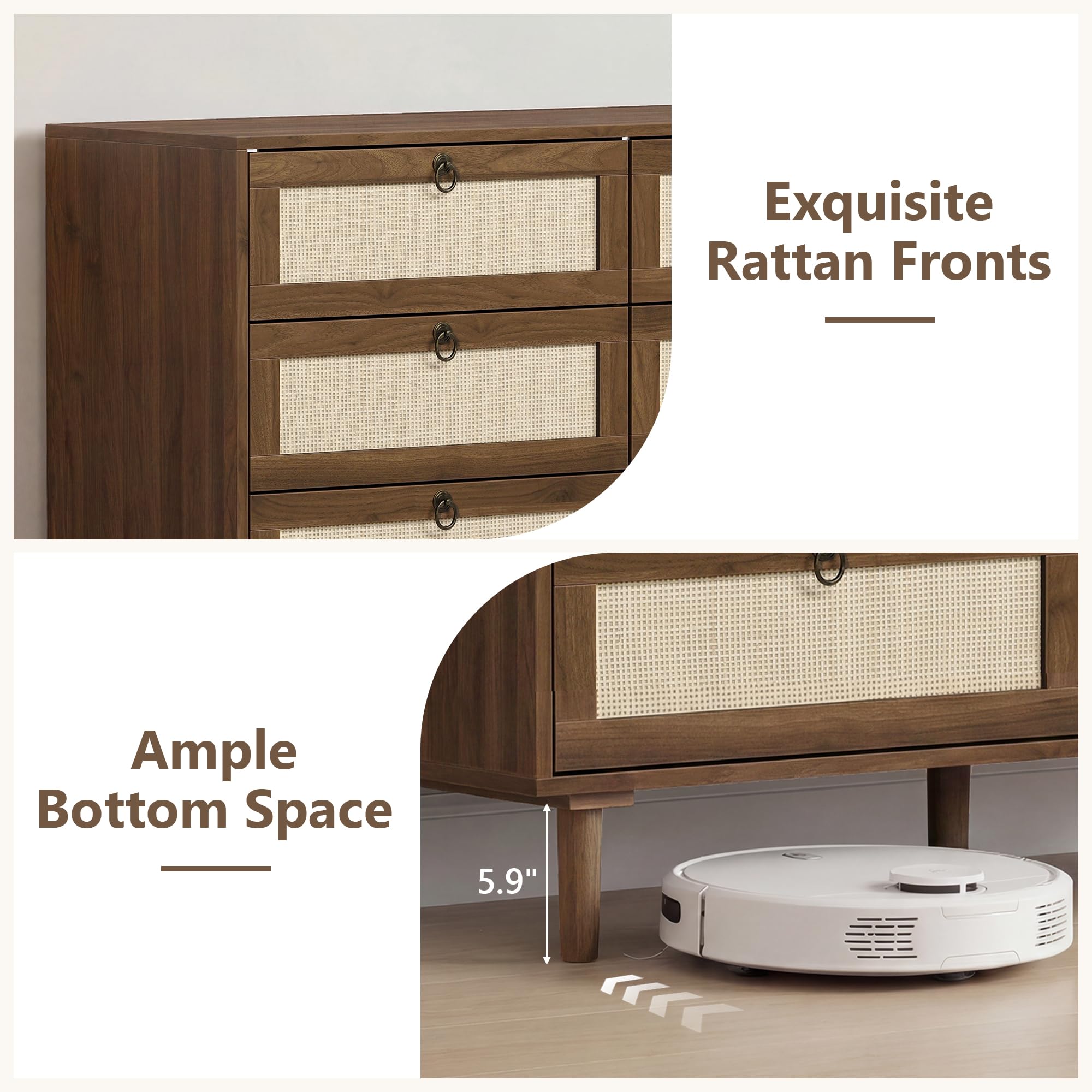 LAZZO 6 Drawer Dresser for Bedroom Dresser for Closet Rattan Chest of Drawers Mid Century Modern TV Stand with Golden Handles for Closet, Living Room and Apartment (Walnut)